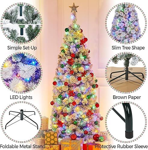 Miniatura 6 de Yaheetech Árbol de Navidad flocado de nieve preiluminado de 6 pies, pino artificial con bisagras de alta calidad con 250 luces LED coloridas y 564