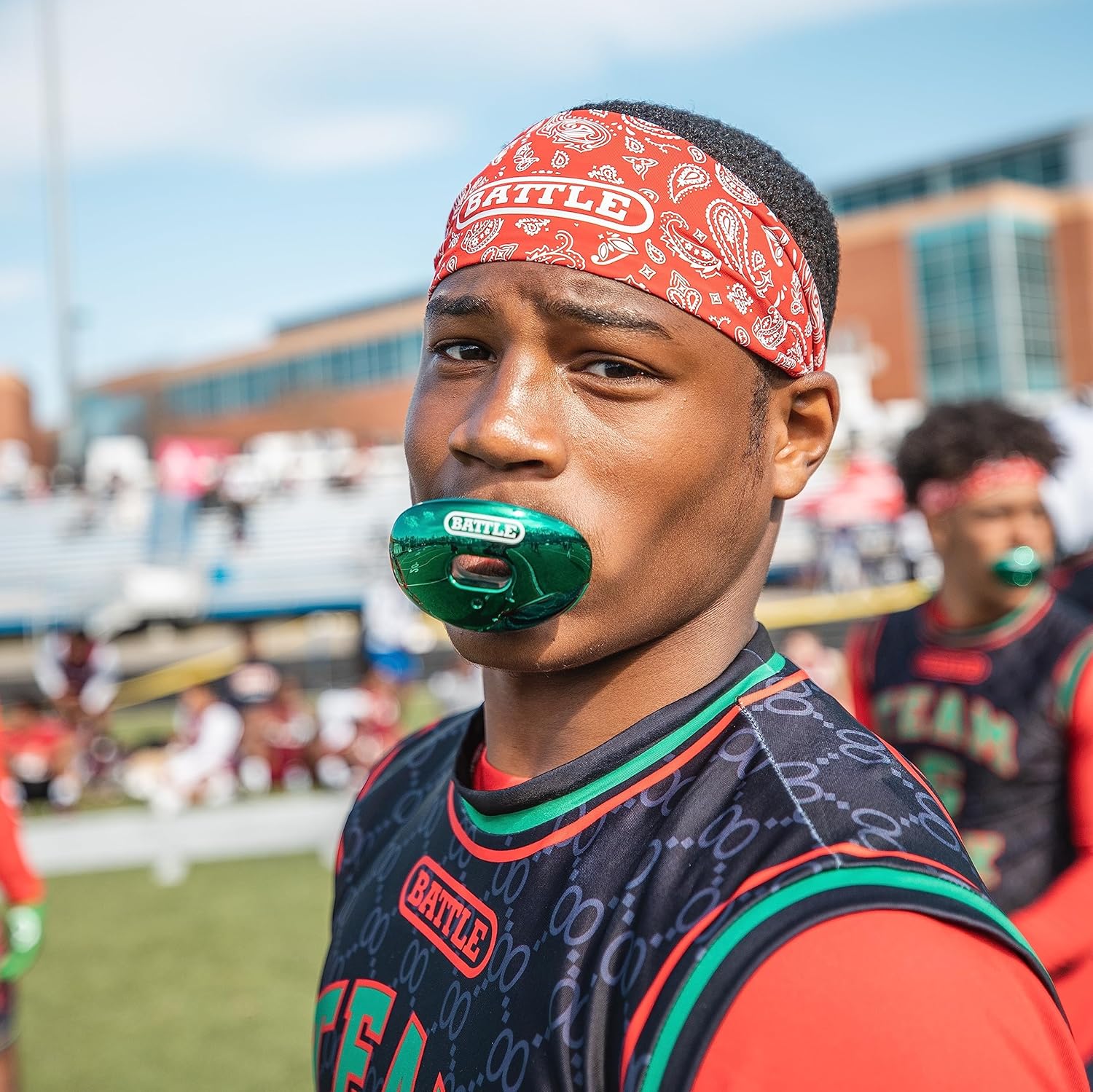 Battle Sports Chrome Oxygen Football Mouthguard - with a Convertible Strap, Superior Airflow & Better Performance, Maximum Protection & Breathability Mouthpiece, Works with Braces - Green Chrome
