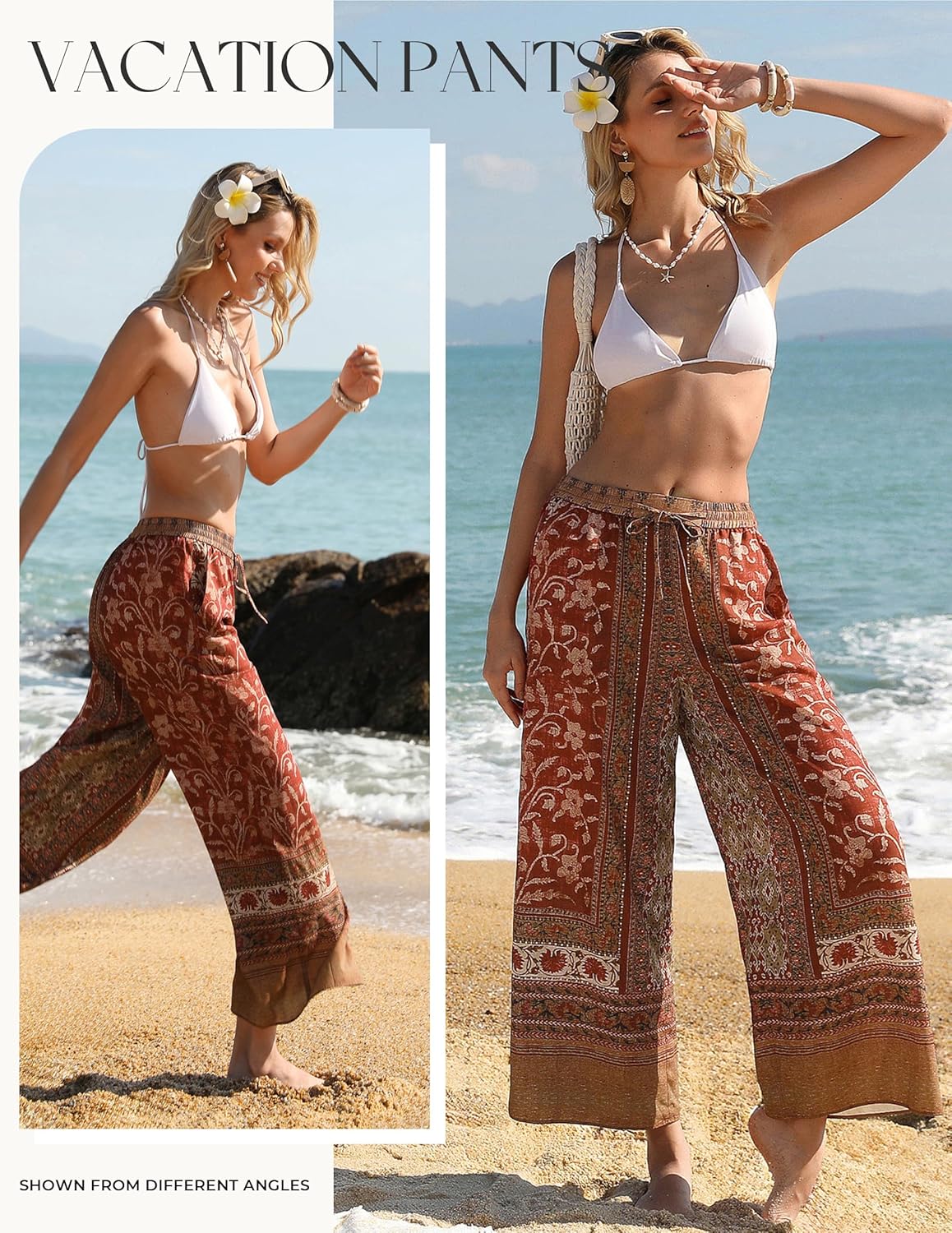 GRACE KARIN Womens Casual Wide Leg Pants, Palazzo Boho Vacation Pants, High Waist Drawstring Trousers with Pockets - Image 2