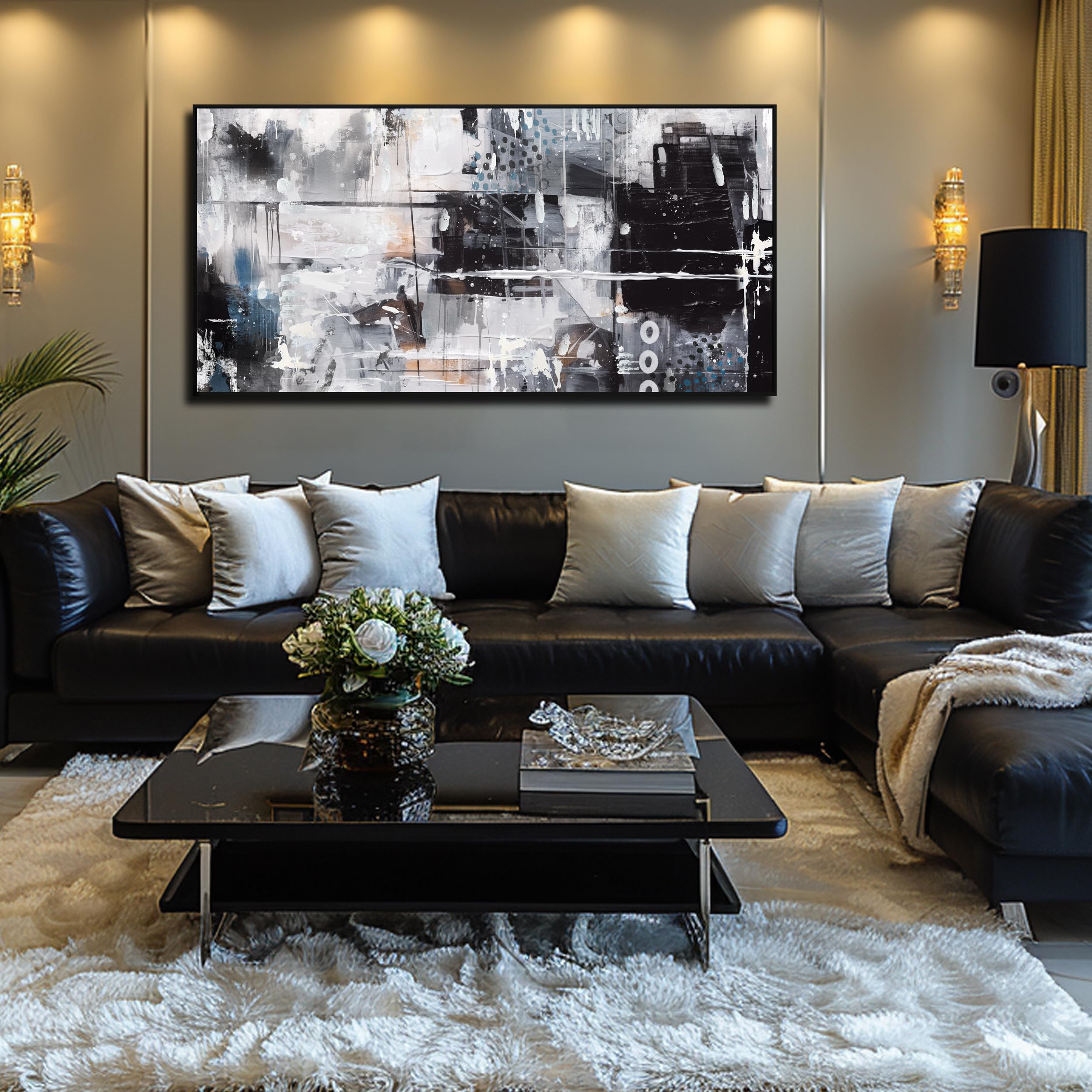 large abstract canvas wall art - black and white pictures wall art for living room large size ready to hang size 29" x 59"