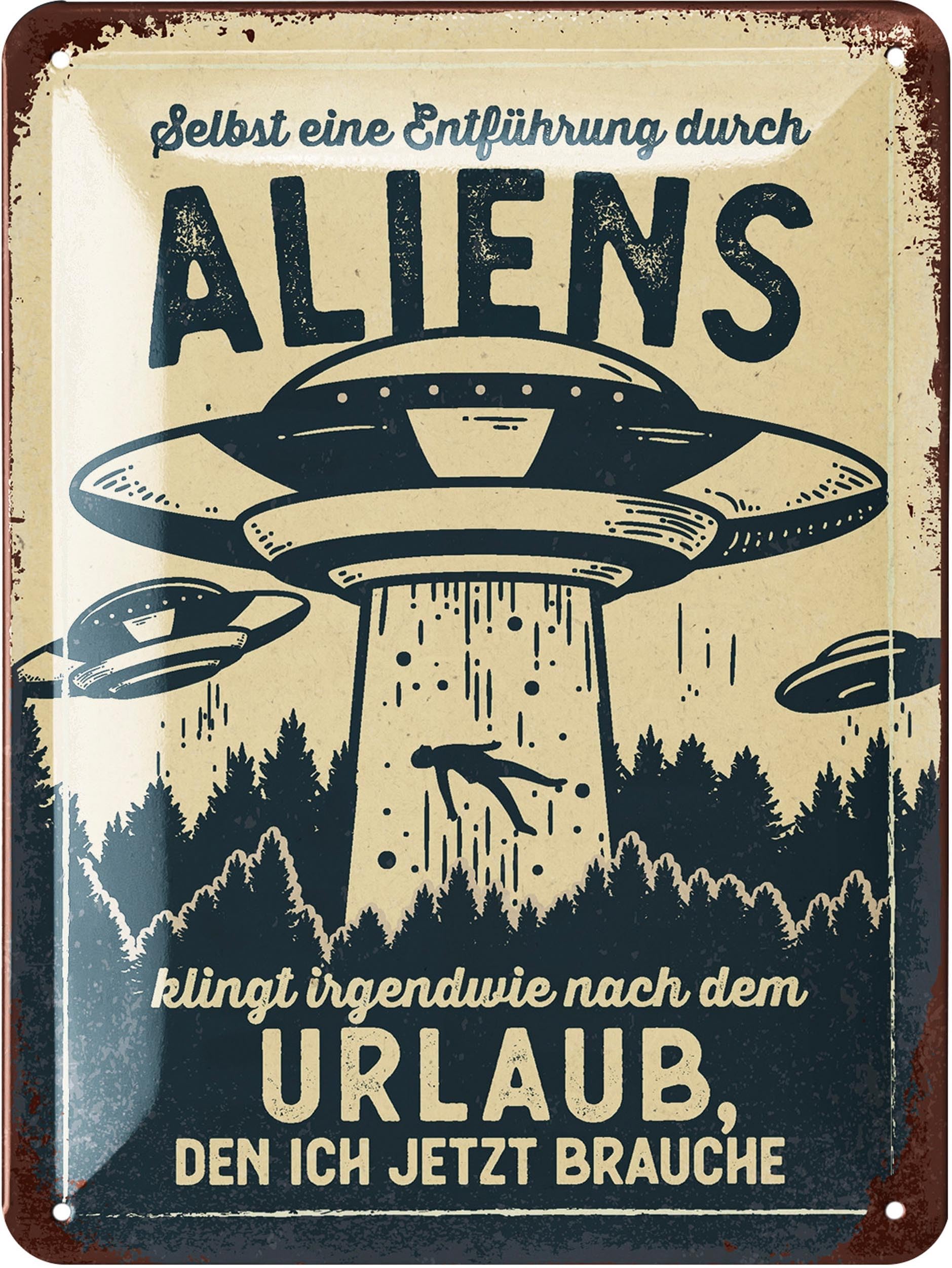 LANOLU Blechschild ALIEN URLAUB – Vintage Spruchschild, 15x20 cm