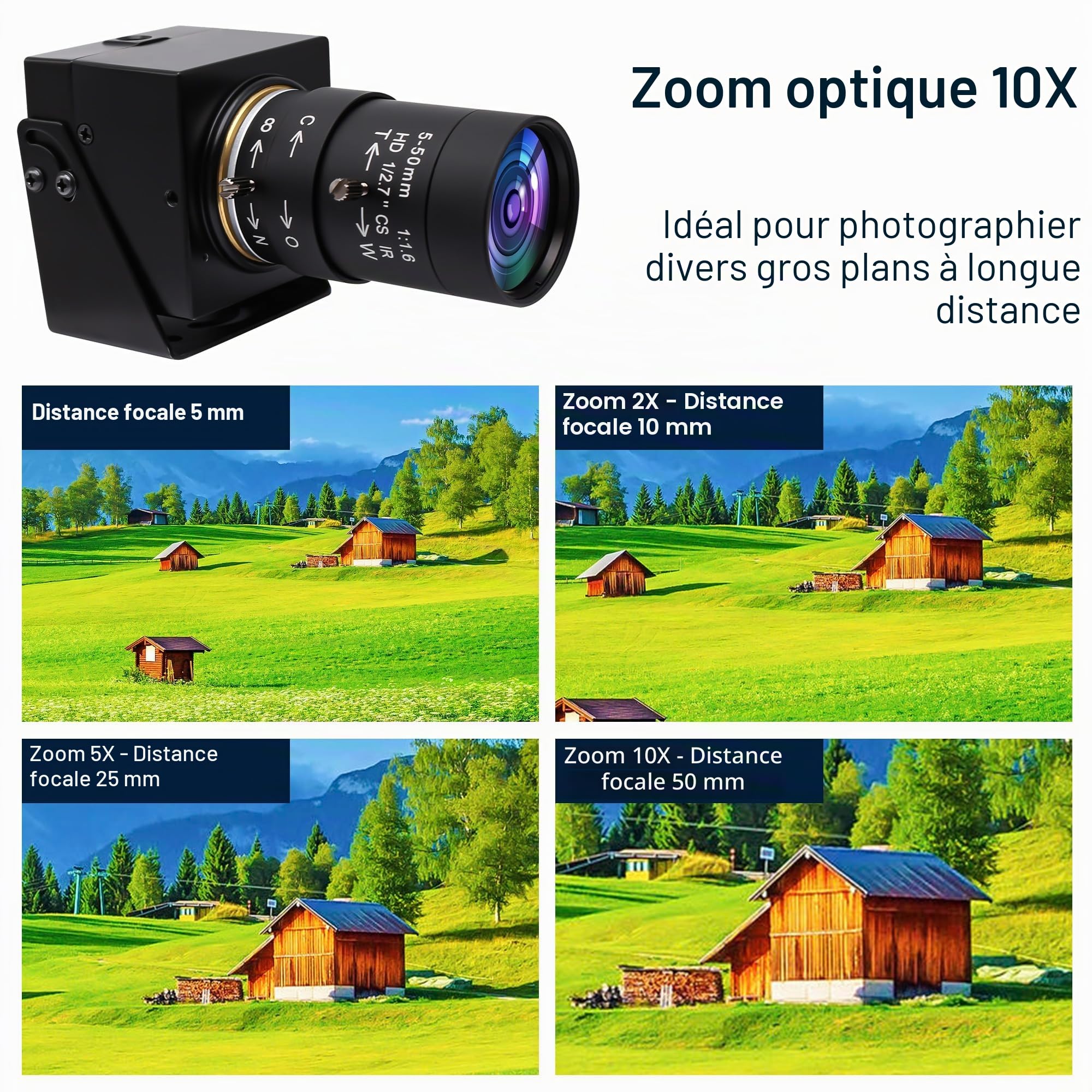 Svpro Webcam USB 8 MP avec mise au point variable 5-50 mm CS Mount Objectif 10X Zoom in et Out Caméra externe pour ordinateur portable, PC, caméra UVC Plug and Play 2448P