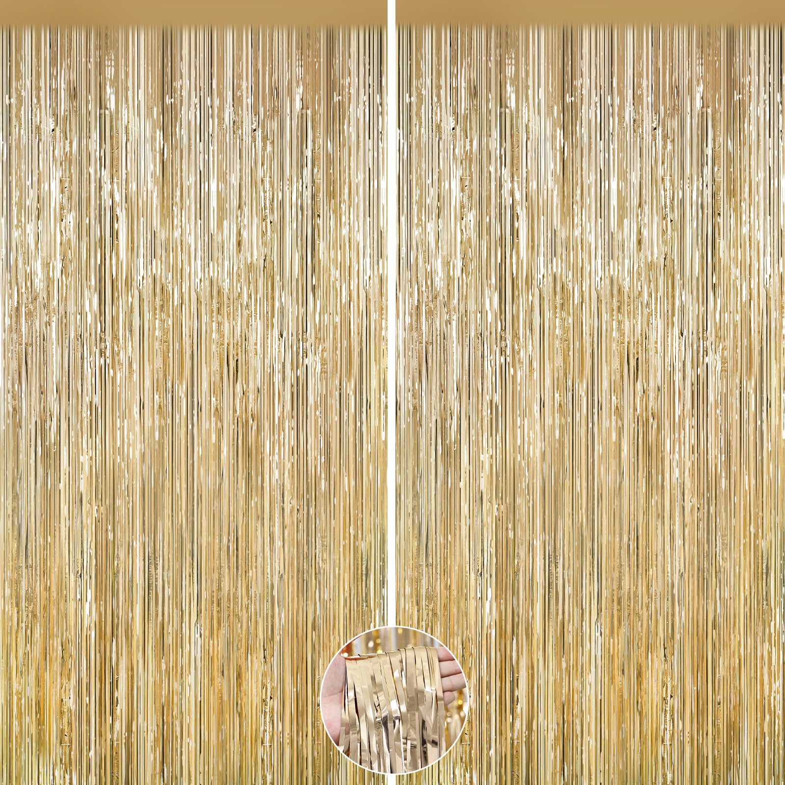 2Pack Champagne Gold Foil Fringe Curtain, Metallic Tinsel Streamers Decors