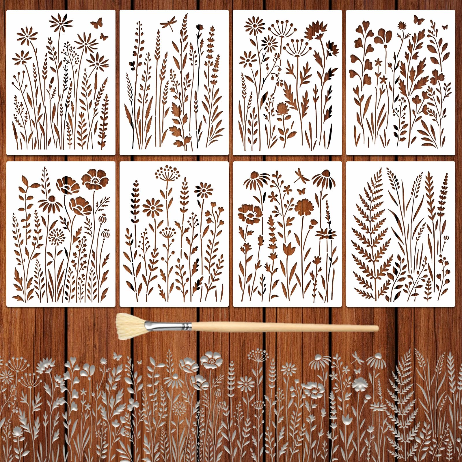 TWINKLEMON 8 Pcs Large Floral Painting Stencils on Walls, 16x12 Inch Wildflower Stencils for Crafts Reusable,Butterfly Plant Drawing Templates,PET Art Wall Stencil with Brush for Wall Furniture Canvas