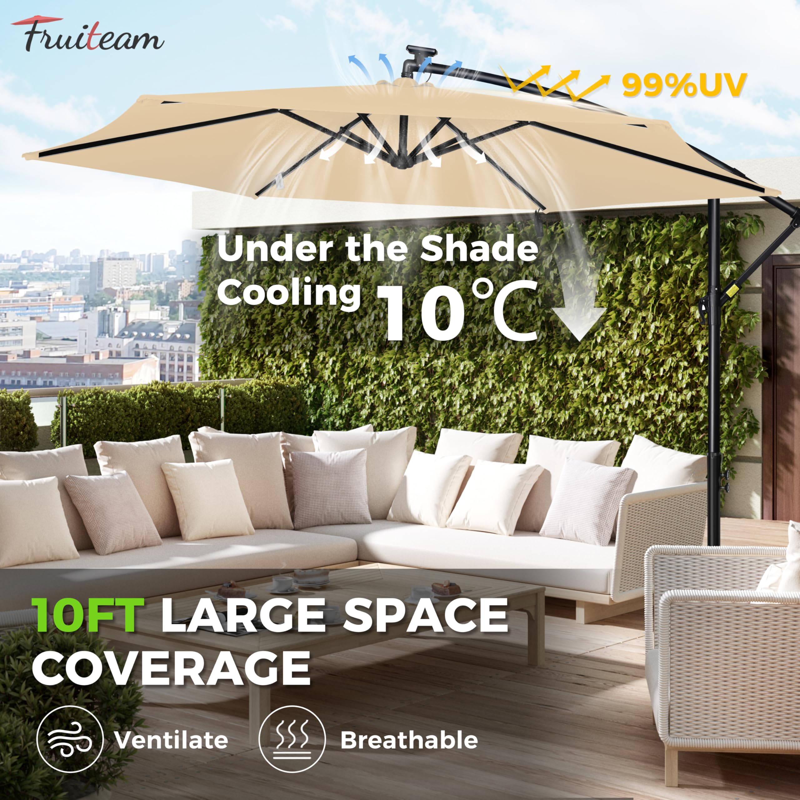 Amazon.com : FRUITEAM Solar Colorful LED Lights Offset Patio Umbrella, 10 FT Heavy Duty Cantilever Outdoor Umbrella with 200+ Light Modes, All-Weather UV Protection Sun Shade for Poolside, Garden, Backyard (Beige)