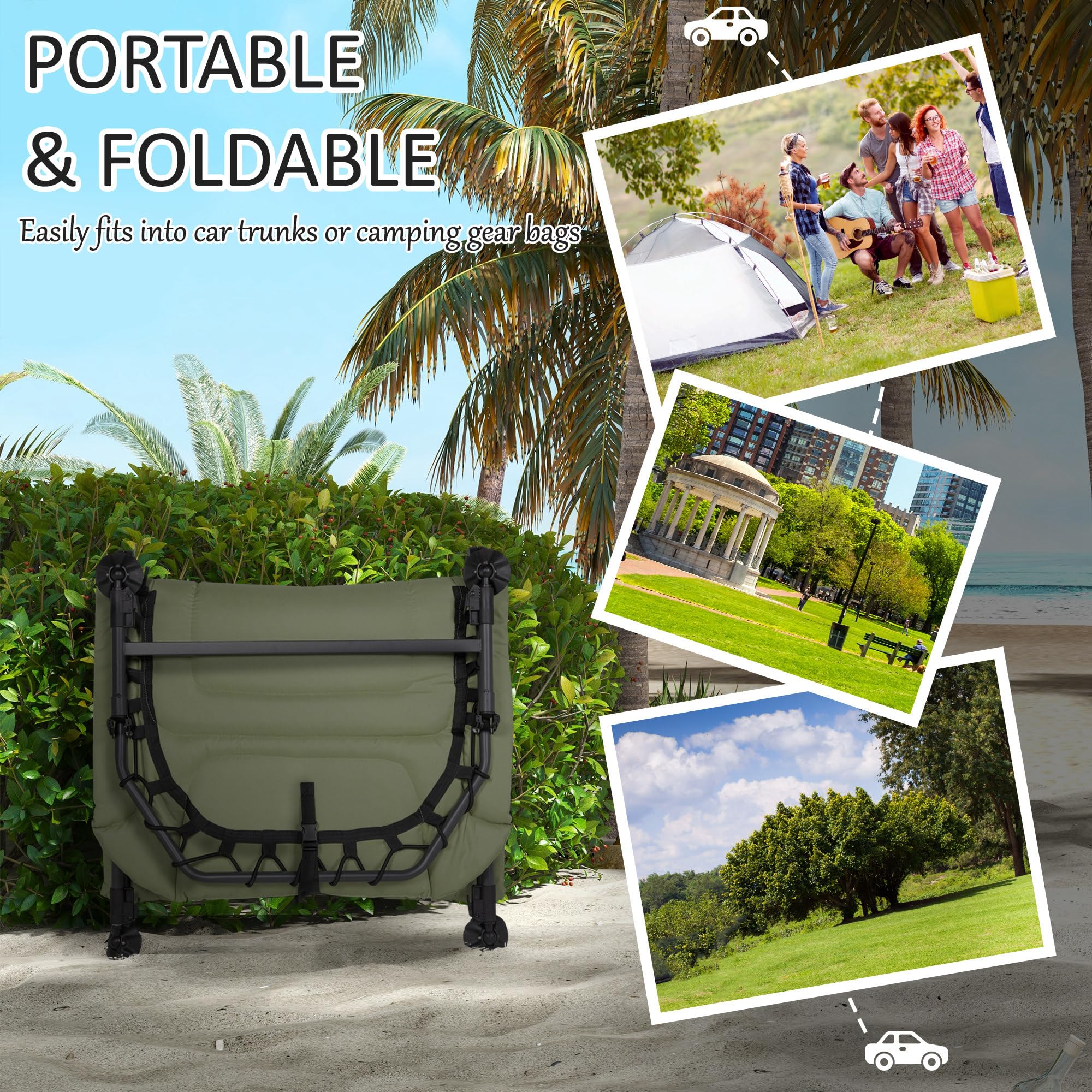 Camping Cot for Adults, Folding Bed with Soft Padded Cushions Headrest, 180° Adjustable Reclining Lounger, Heavy Duty and Portable with a 400 lbs. Capacity, Dark Green