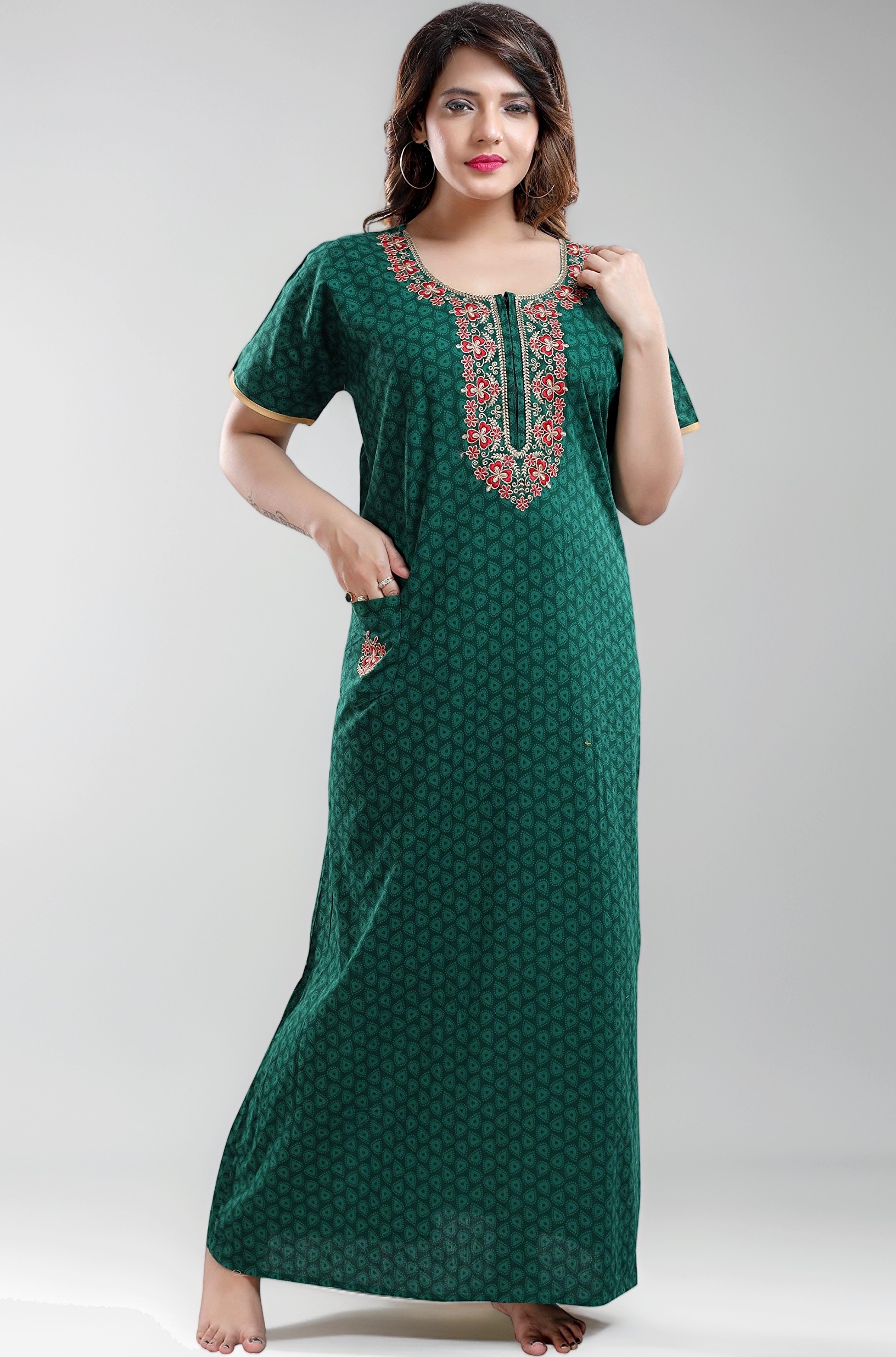 Women's Pure Cotton Nighty with Zip and Pocket