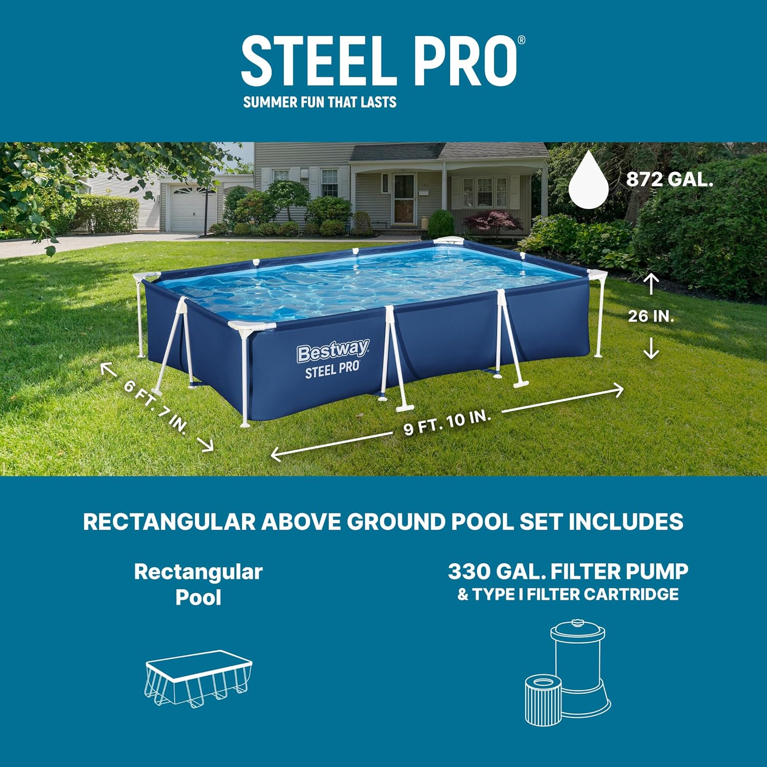 Bestway Steel Pro 9' 10" x 6' 7" x 26" Rectangular Above Ground Pool Set with 827 Gallon Capacity, DuraPlus Liner, and Flowclear 330 GPH Filter Pump