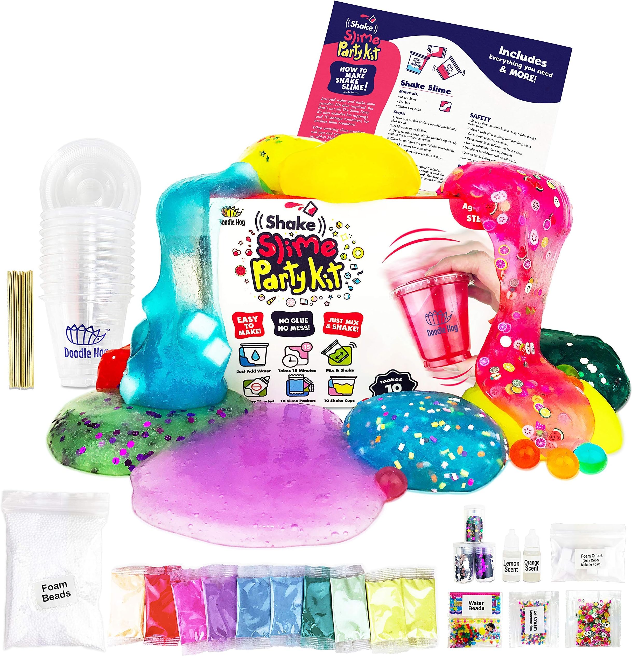Shake Slime Kit for Girls and Boys. Set for 10 Kinds of Shaker Slime. No Mess. Just Add Water, Mix, and Shake. Includes Fun Toppings and Take-Home Storage Cups