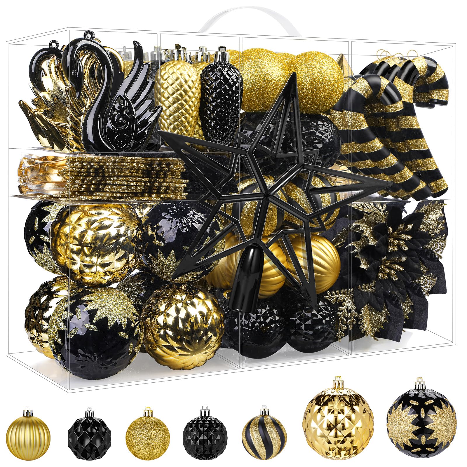 Alupssuc 128Pcs Christmas Baubles Ornaments Set, Shatterproof Decorations Balls, Flowers, Ribbon, Tree Topper for Xmas Holiday Wedding Party with Hooks, Black & Gold