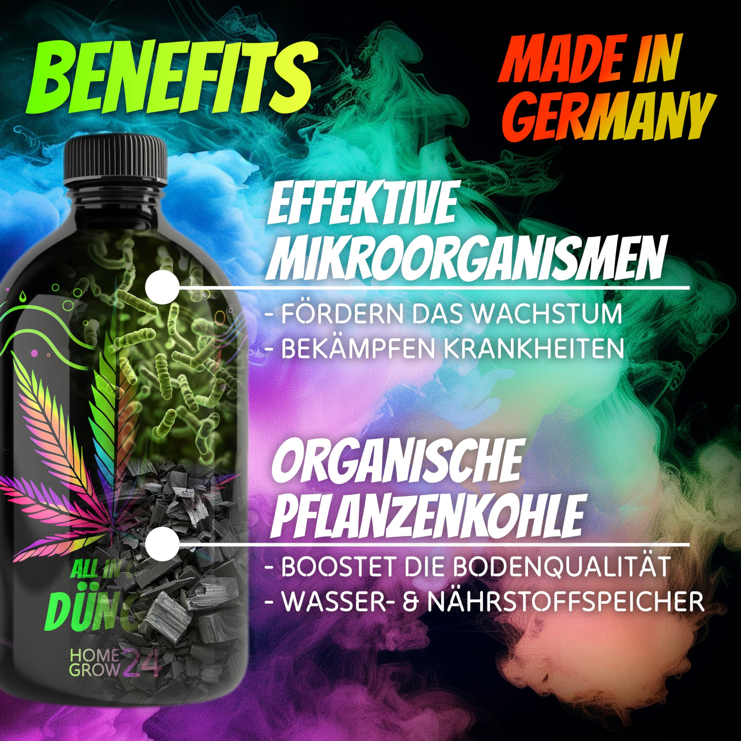 Homegrow24 Cannabis Dünger Indoor & Outdoor für Cannabispflanzen Wachstumsphase und Blütephase BIOlogischer organischer Grow & Bloom Hanfdünger I Set (6 Filztöpfe & Untersetzer + 1000ml Dünger)