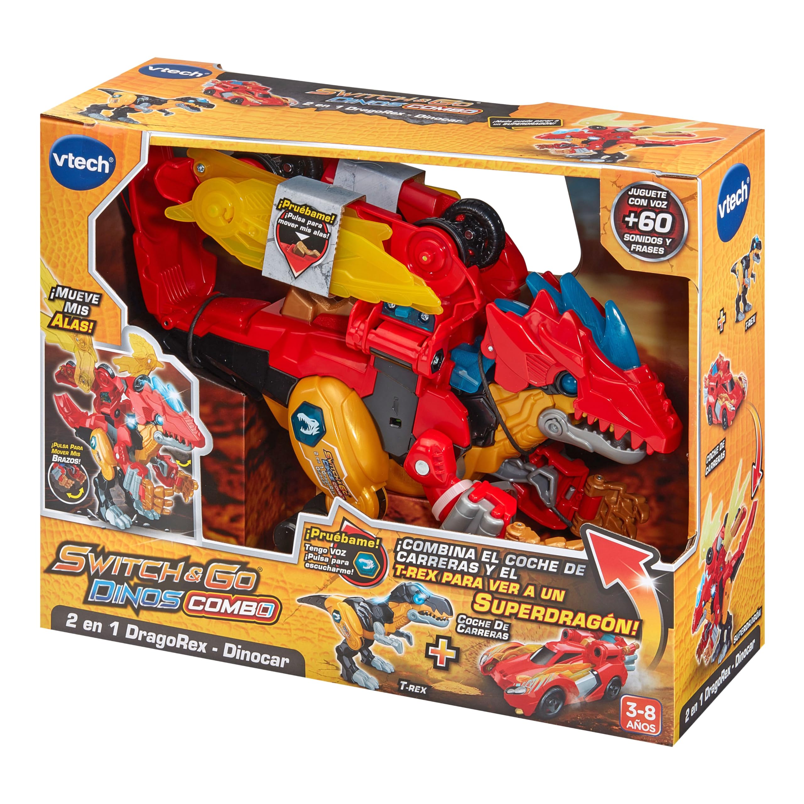 VTech - Switch&Go Dinos DragoRex 2 en 1 Dinocar, Coche y Dinosaurio Transformable, Juguetes Electrónicos Niños +3 Años, Ruge y Lanza Fuego, +60 Sonidos y Frases, Versión ESP