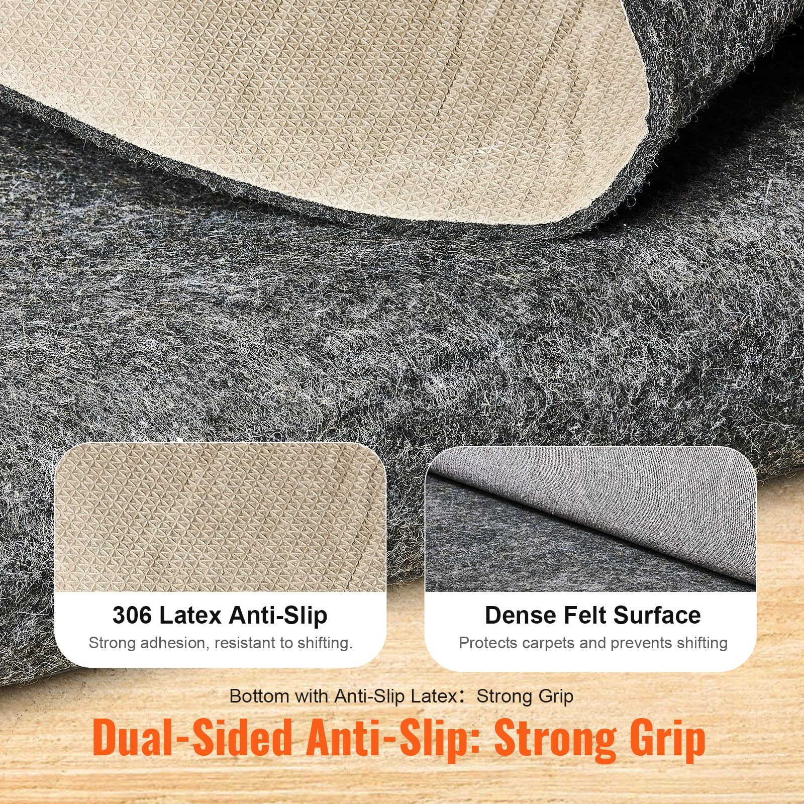VEVOR sous-Tapis Antidérapant, Coussin de Protection de Tapis, 153x244 cm, Épaisseur 6 mm, Double Surface, Feutre Polyester + Latex, Gris, Zone de Couverture de 3-4 ㎡, Coussin de Tapis pour Tous Sols
