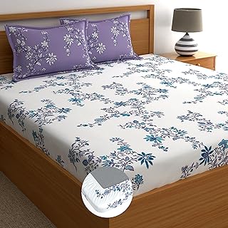Sponsored Ad - Home Ecstasy 100% Cotton King Fitted Floral Bedsheet with 2 Pillow Covers - (Size 72 x 78 inches, 140 TC, C...