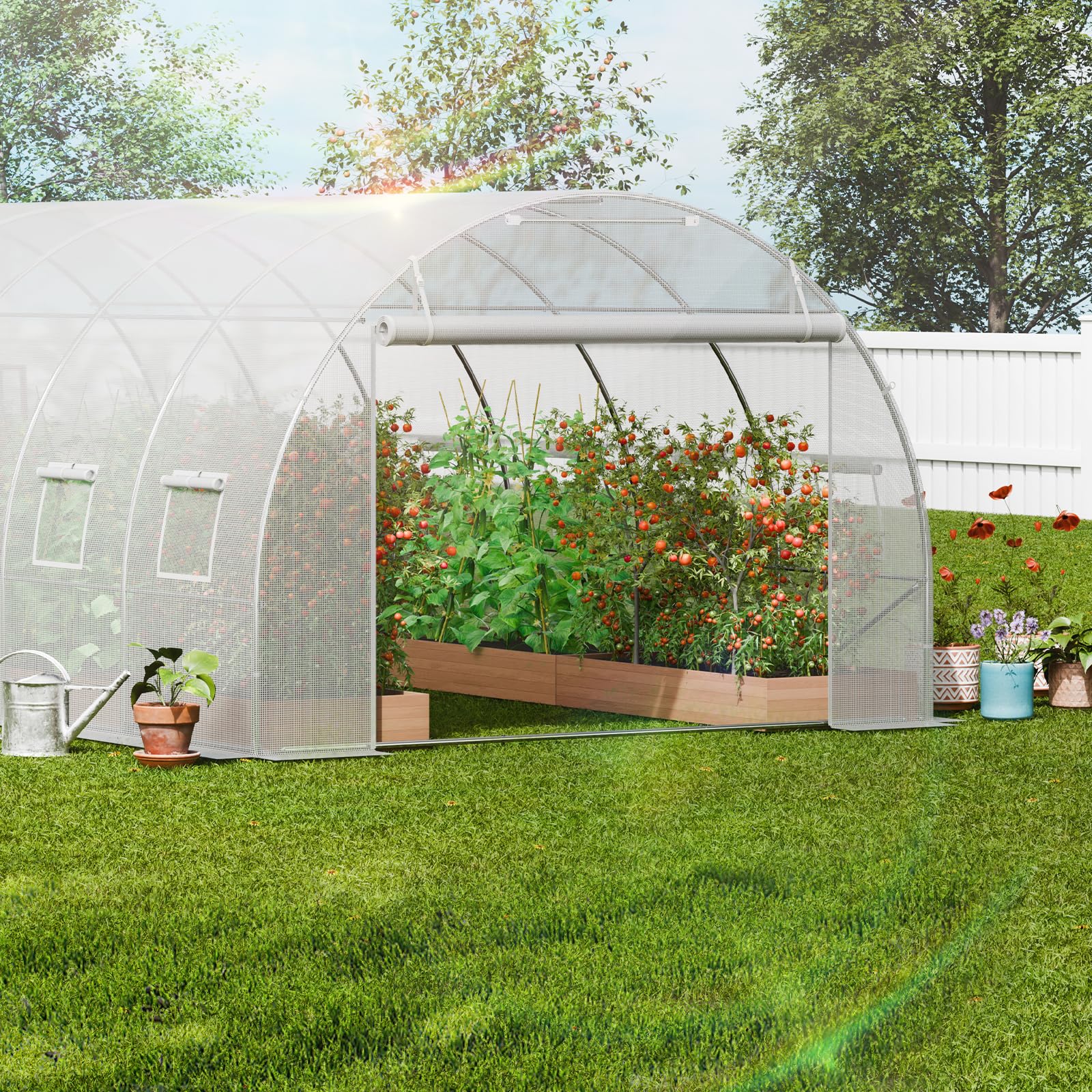 VEVOR Serre Tunnel Jardin, 590x295x198 cm, Tente Abri Plantes avec Cadre en Acier Galvanisé, Couverture en PE Blanche, Porte à Glissière Enroulable, 12 Fenêtres, pour Extérieur Cultiver Légumes Fleurs