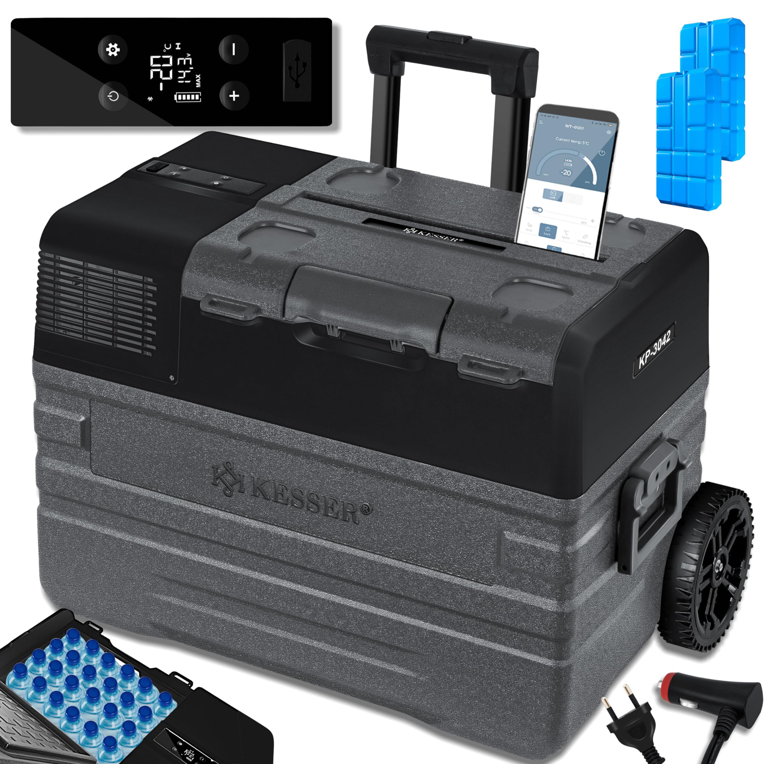 KESSER® Kompressor Kühlbox Auto elektrisch 42L, Camping Kühlbox 12/24/230V mit APP-Steuerung, Gefrierbox bis –20 °C, mit Rädern & Teleskopgriff für Camping, Wohnmobil, LKW & Boot + 2 Kühlakkus