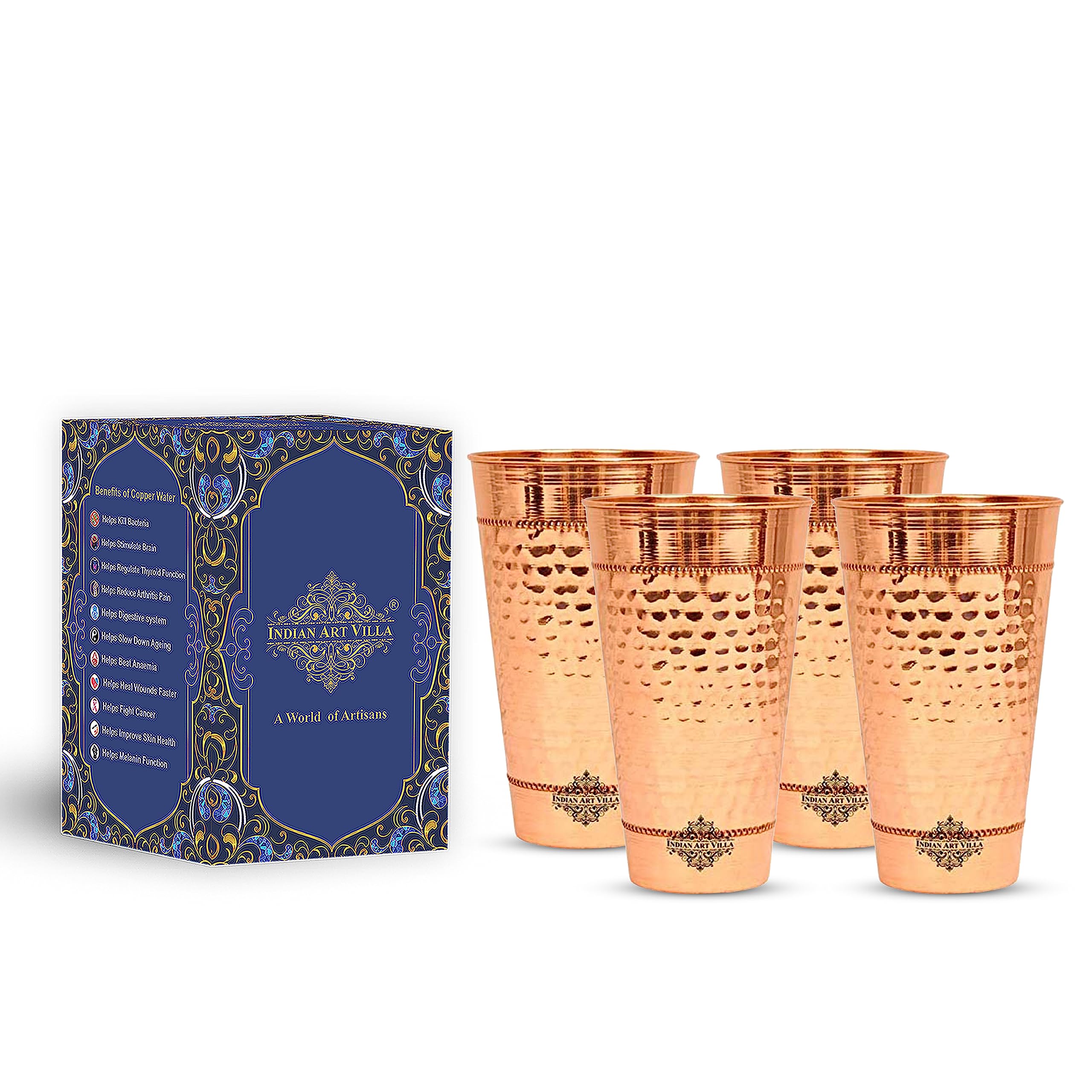 Indian Art Villa Hammered Copper Big Lassi Glass Tumbler Cup with 2 Rings, Serving Drinking Water, Benefit Yoga Ayurveda, 700 ML, Brown, Set of 4 (B07PPTP4PS) Amazon Price History, Amazon Price Tracker