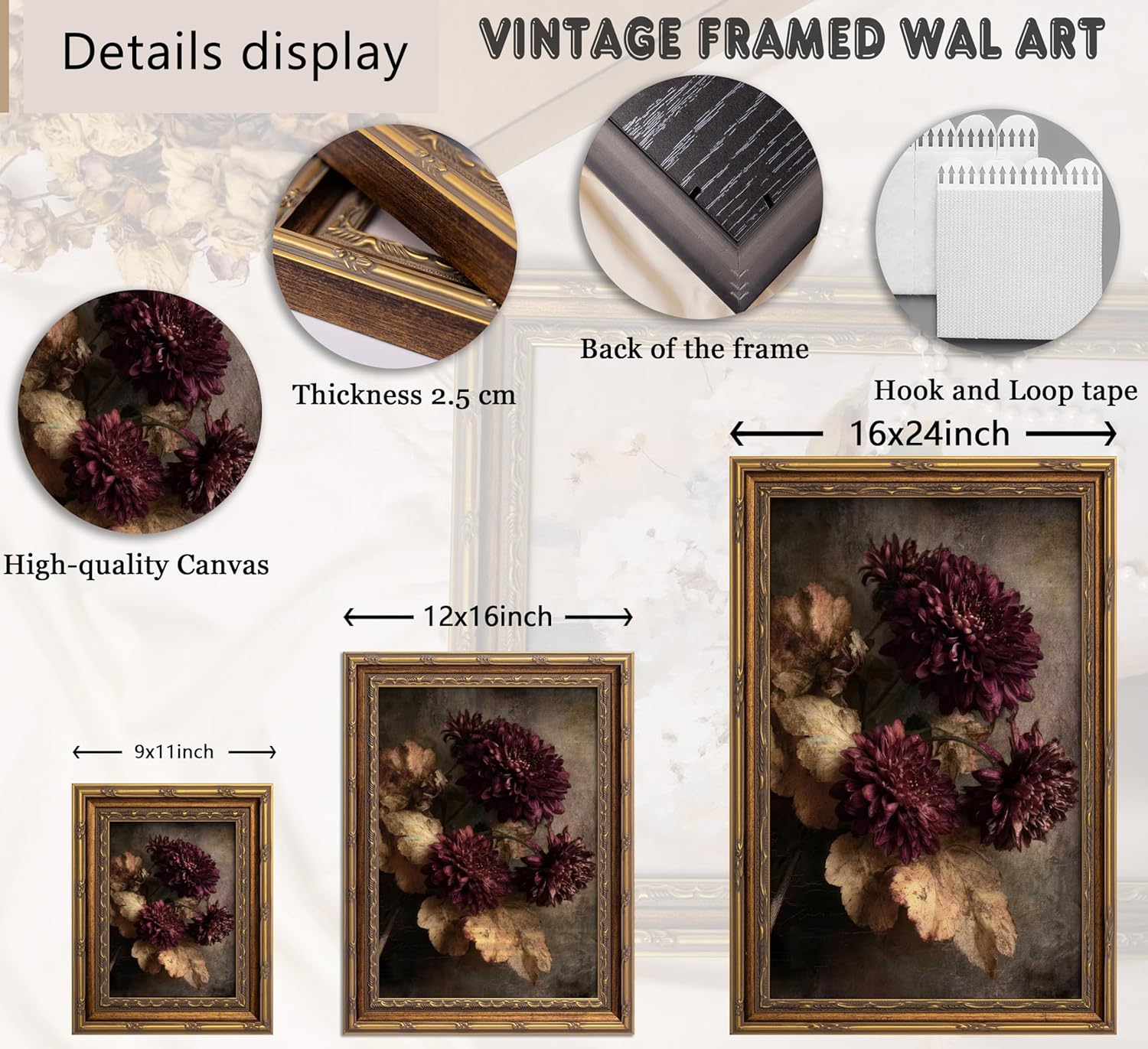 Vintage Gold Framed Moody Flowers Wall Art Dark Rustic Wildflowers Painting Canvas Prints Burgundy Abstract Floral Botanical Still Life Picture Poster Farmhouse Maroon Scenery Artwork for Living Room