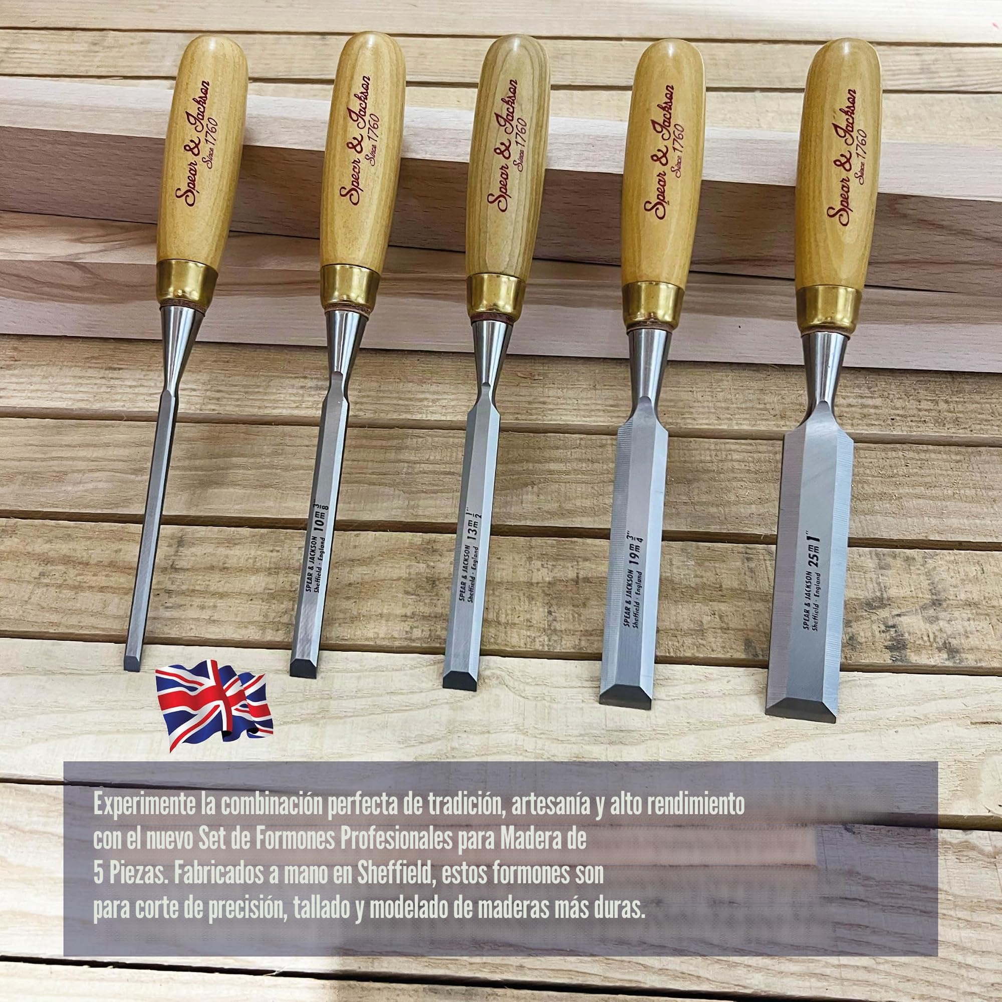 Spear & Jackson SJ5PCSET Juego Profesional de 5 Formones para Madera, Hechos a Mano en Sheffield, Inglaterra, para Corte de Precisión, Tallado y Moldeo