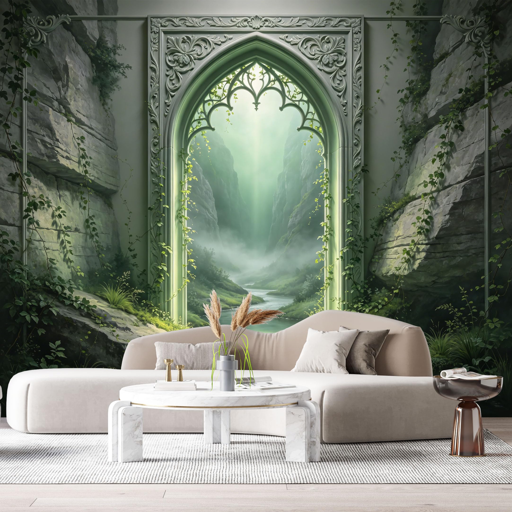 Custom Size Wall Murals Gothic Archway Fantasy Landscape Misty River 3D Trompe L'Oeil SelfAdhesiveWall Fabric Removable Wallpaper Wall Decor for Living Room Bedroom Bathroom