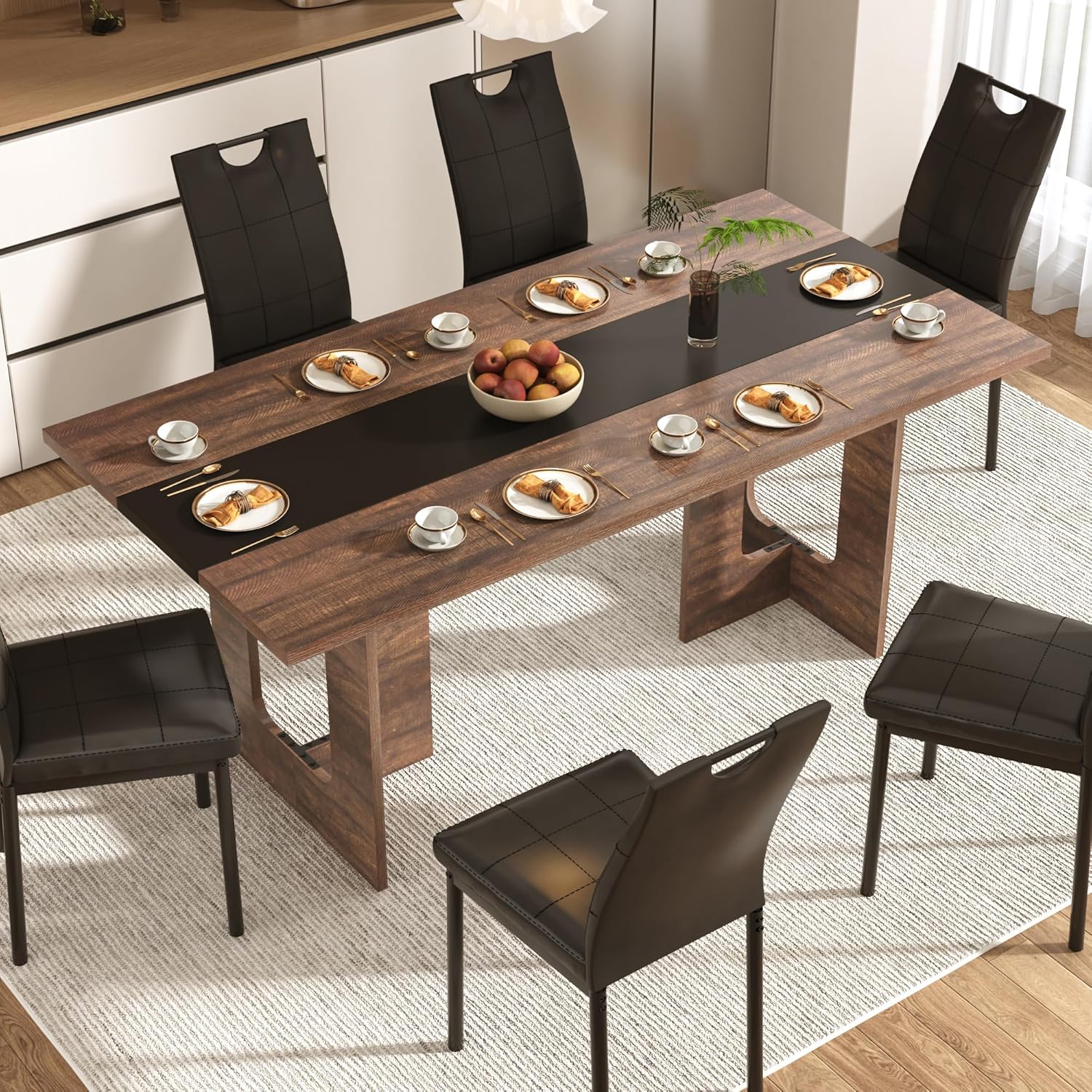 St.Mandyu 7 Pieces Dining Table & Chairs Set for 4-8 People, 71 Inch Kitchen Table with 6 Chairs, Rectangle Dining Table with Wooden Legs for Dining Room, Living Room, Brown