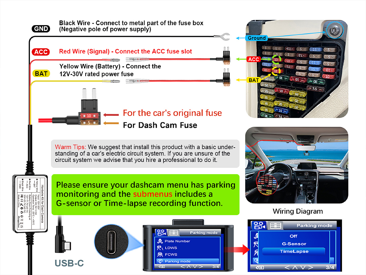 Dash Cam Hardwire Kit, Type-C Hard Wire Kit 11.5ft, 12-24V tot 5V Auto Dash Camera Charger Power Cord, Gift 5 Fuse Tap Kabel met Batterij Drain Bescherming voor 24h Parkeermonitor - K&F