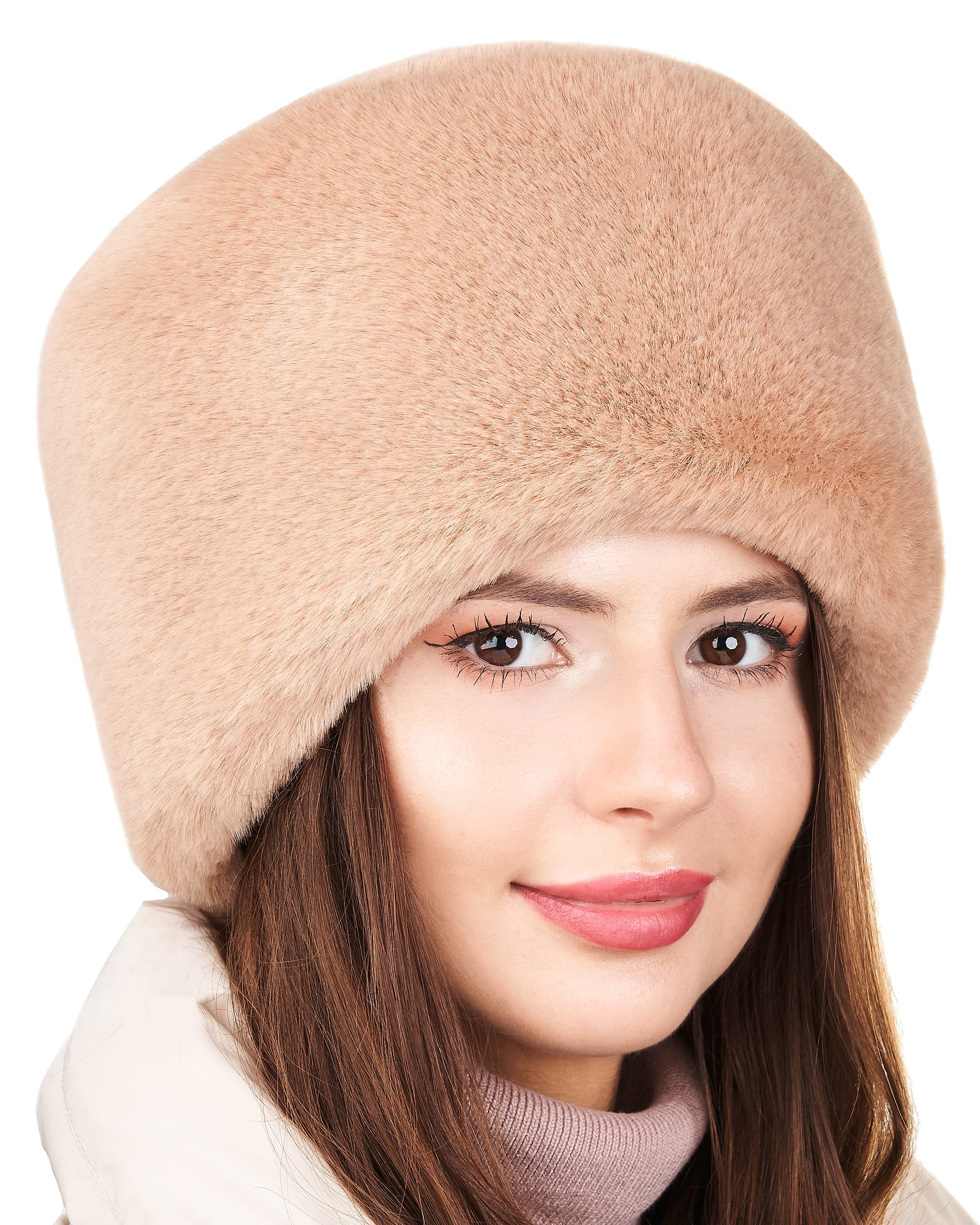 Futrzane Modern Cossack Hat - Ladies Faux Fur Hats - Soft Winter Hat for Women (S, Beige Modern)