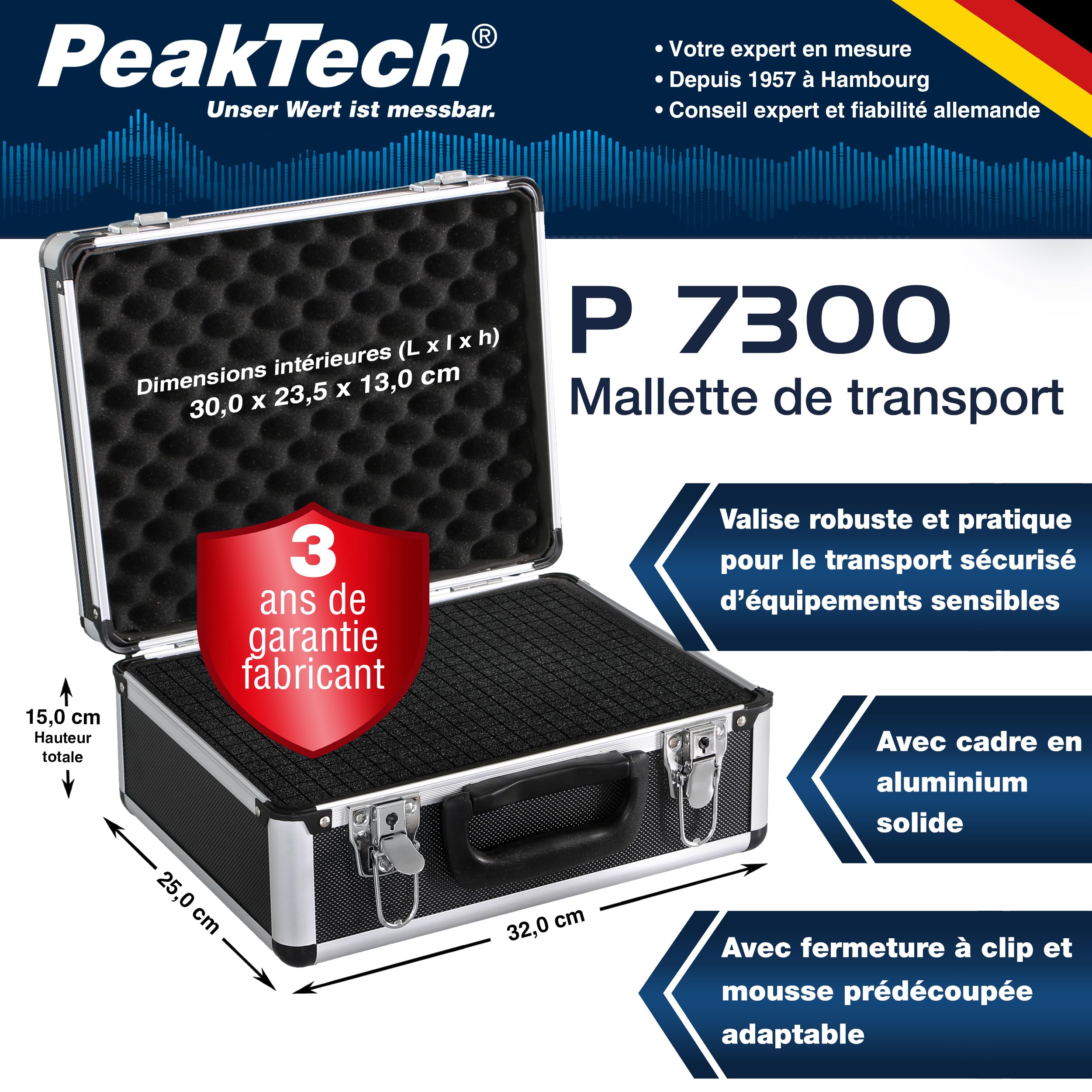 Peak Tech P 7300 - Mallette Robuste Universelle pour Instruments de Mesure, en Aluminium, Compartiment à Outils, Rembourrage en Mousse, Verrouillable, Anti-Poussière, M - 320 x 250 x 150 mm