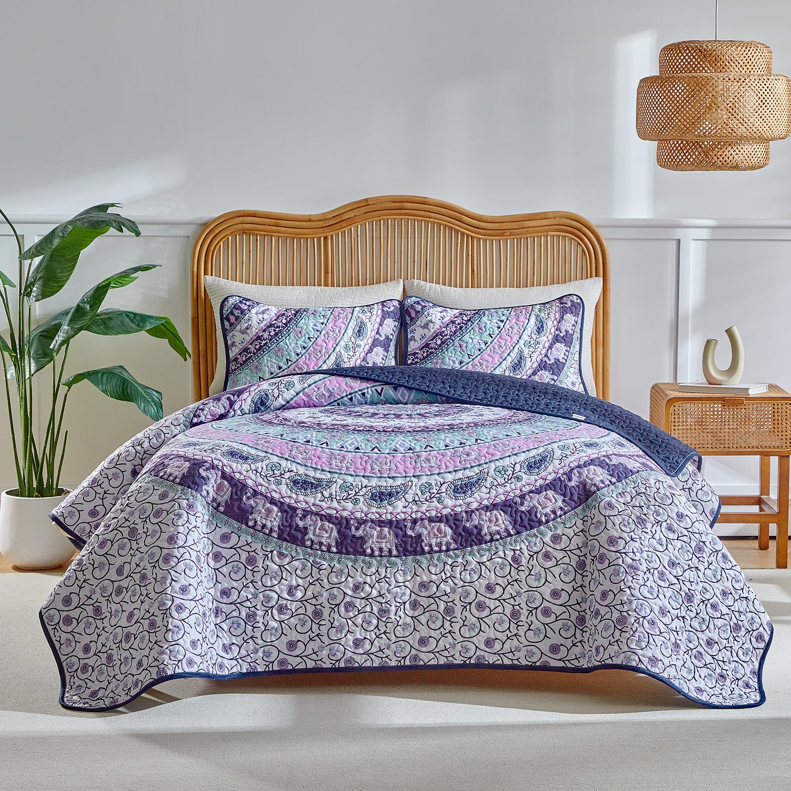 Boho Quilt Set Queen Size - Reversible Bohemian Quilt Bedding Set, 3 Pieces Colorful Lightweight Microfiber Bedspread Purple Elephant Paisley Circle Coverlet Set with 2 Pillow Shams for All Seasons