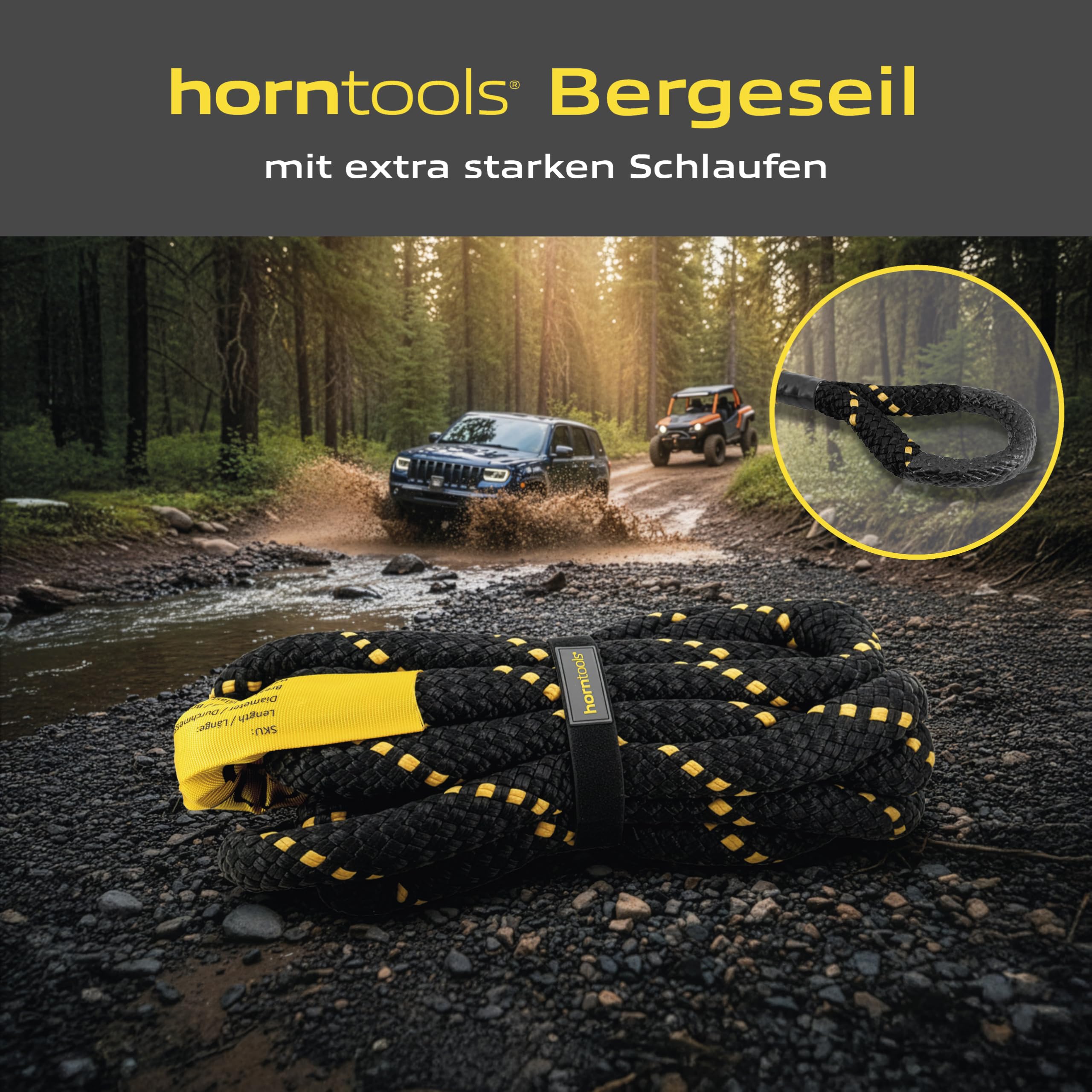 horntools Bergeseil kinetisch 24mm x 6,5m 12,7t Bruchlast, 6t WLL, schwarz, Abschleppseil PKW, Offroad, für LKW Jeep ATV UTV Traktor Straßenrettung
