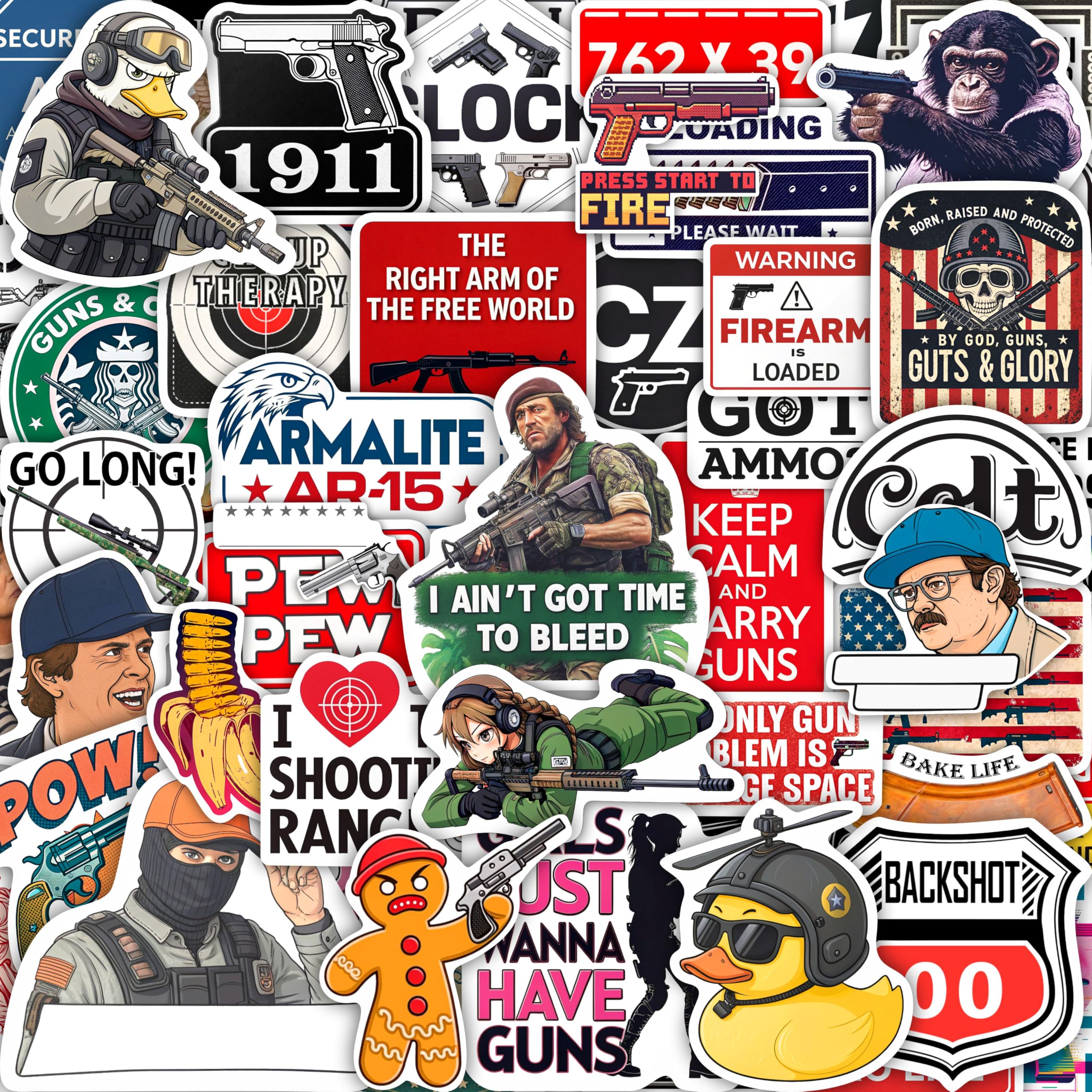 100Pcs Firearm Stickers and Decals, Gun & Tactical Stickers Pack- Military Decals - Firearm Party Decorations - Gift for Women & Men — image 1