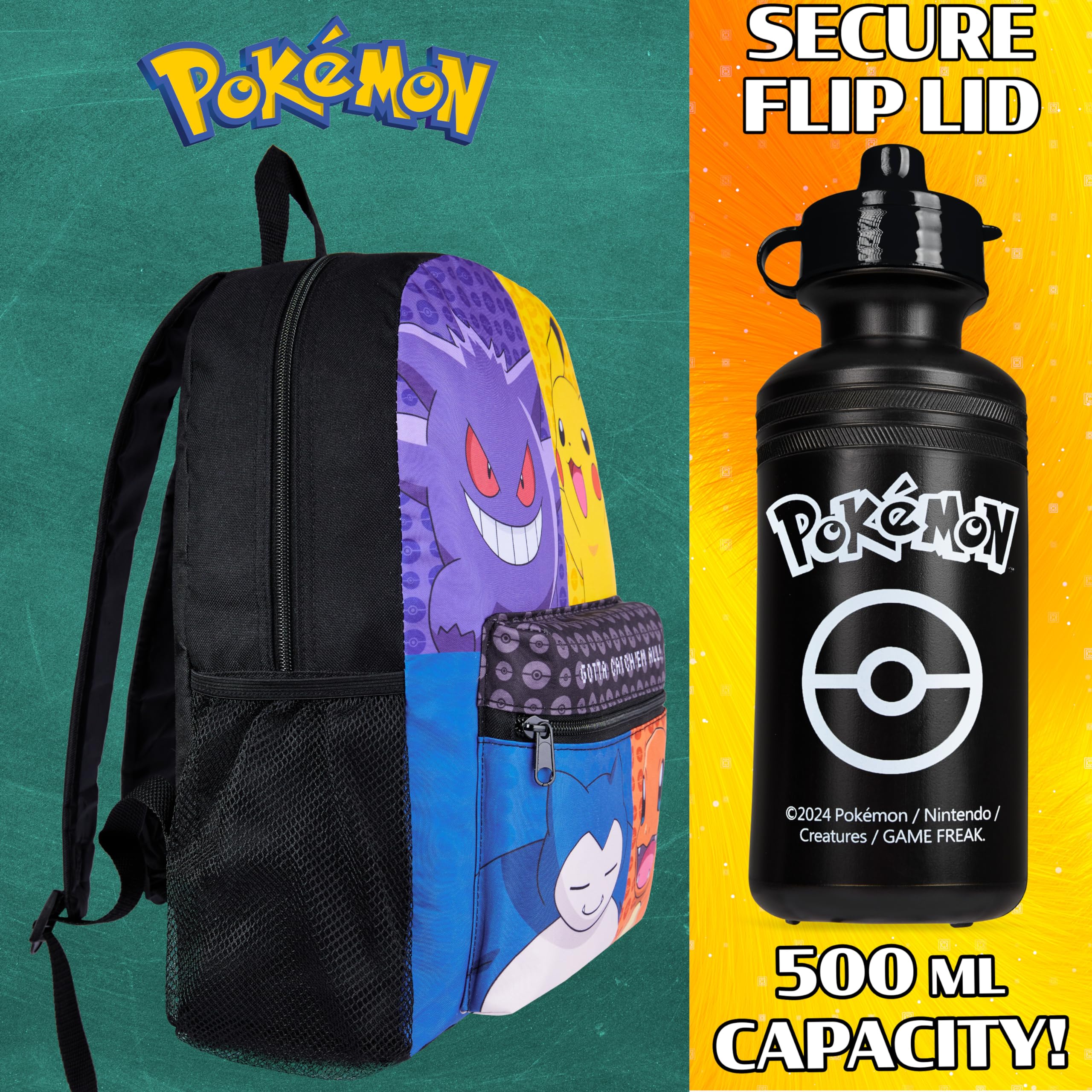 Pokémon Sacs à Dos pour Enfant Set 4 Pc Bouteille d'eau Sac a Dos Trousse Sac à Lunch Isotherme ou Portefeuille Anime Fournitures Scolaires (Multi/Noir Ensemble de 4 Pièces)