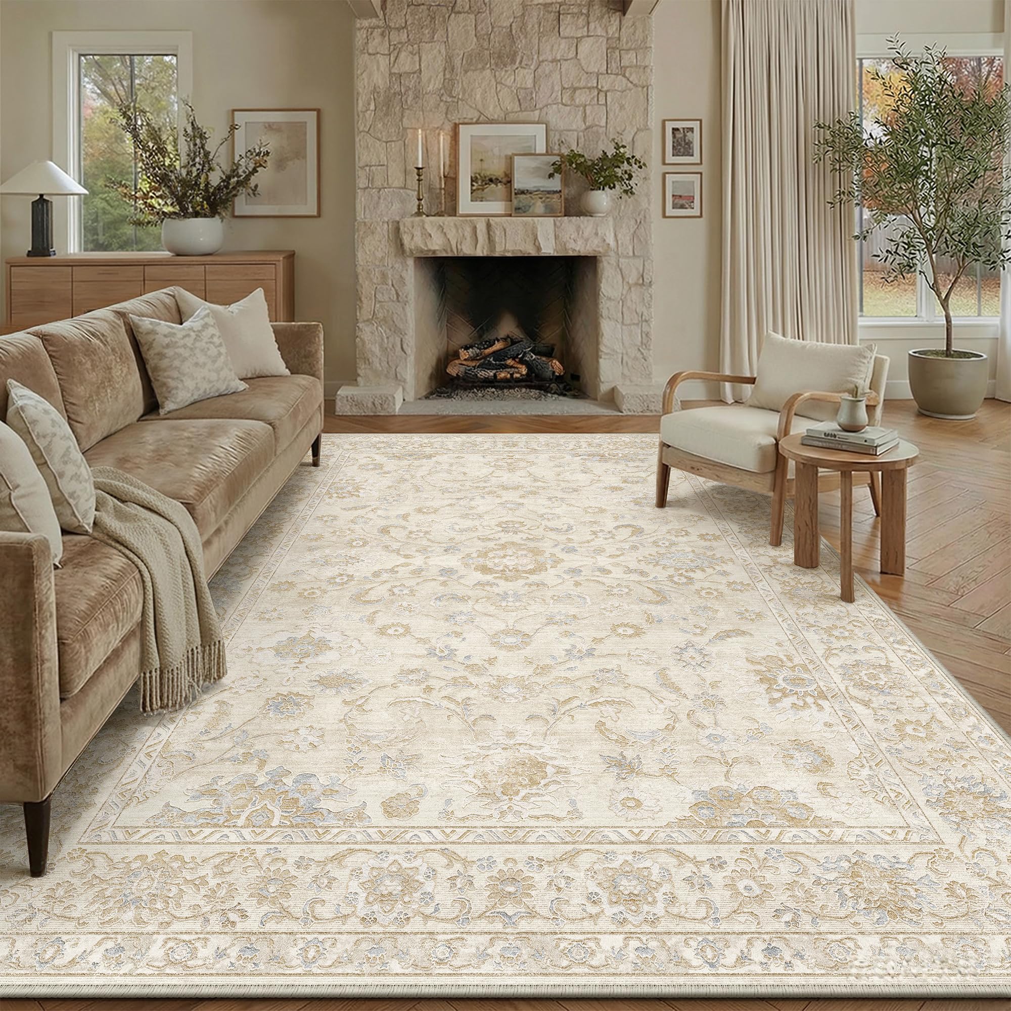 PureCozy Beige Vintage Teppich Wohnzimmer 200x300cm Wohnzimmerteppich Waschbarer rutschfest Weich Kurzflor Teppiche Kinderzimmer Schlafzimmer Esszimmer Carpet BüRo Bettvorlege Groß Rug