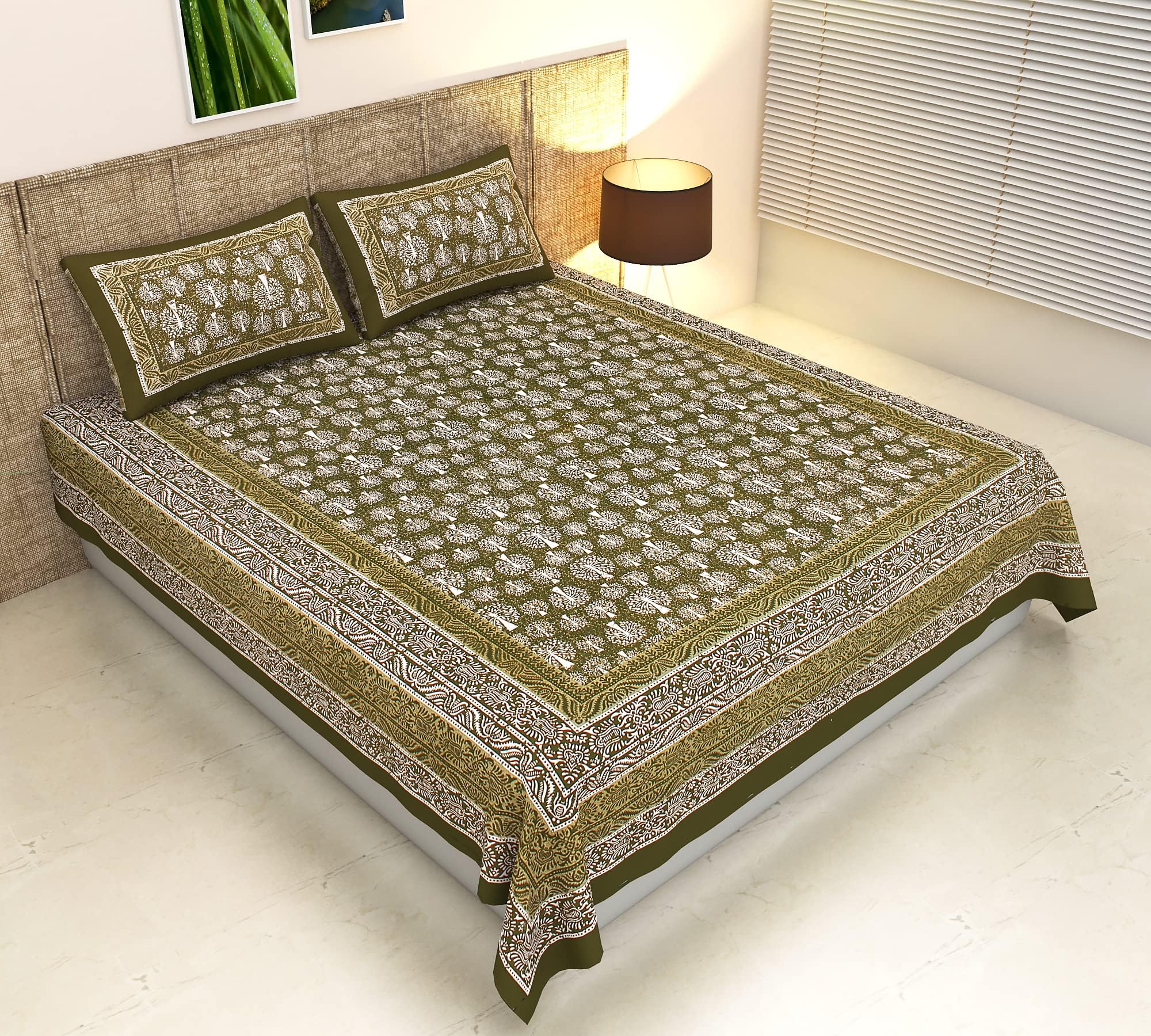 Kuruti B Sheets Super King Size Bedsheet Dabu Kalamkari Print 93x108 Inches Size with 2 Pillow Covers, Super King Size (7.75FT by 9FT),100% Super Soft Cotton(Green)