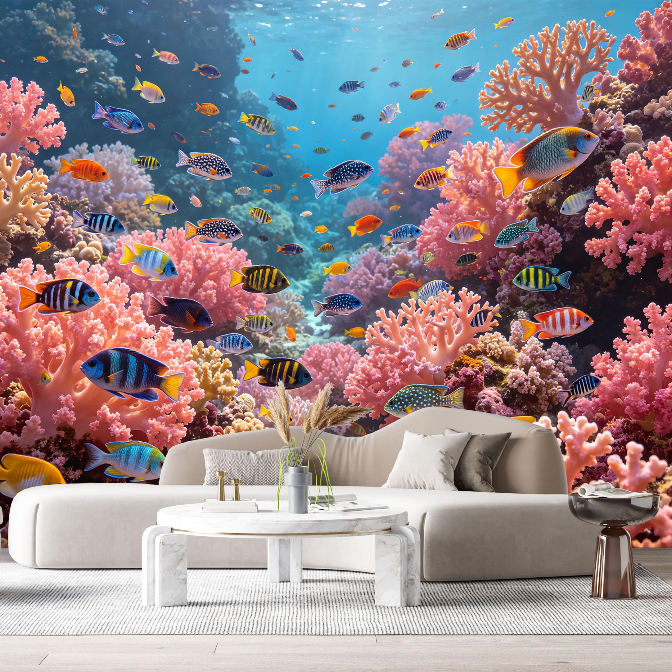 Custom Size Wall Murals Vibrant Ocean Marine Tropical Coral Reef Colorful Fish 3D Underwater Scenery SelfAdhesiveWall Fabric Removable Wallpaper Wall Decor for Living Room Bedroom Bathroom