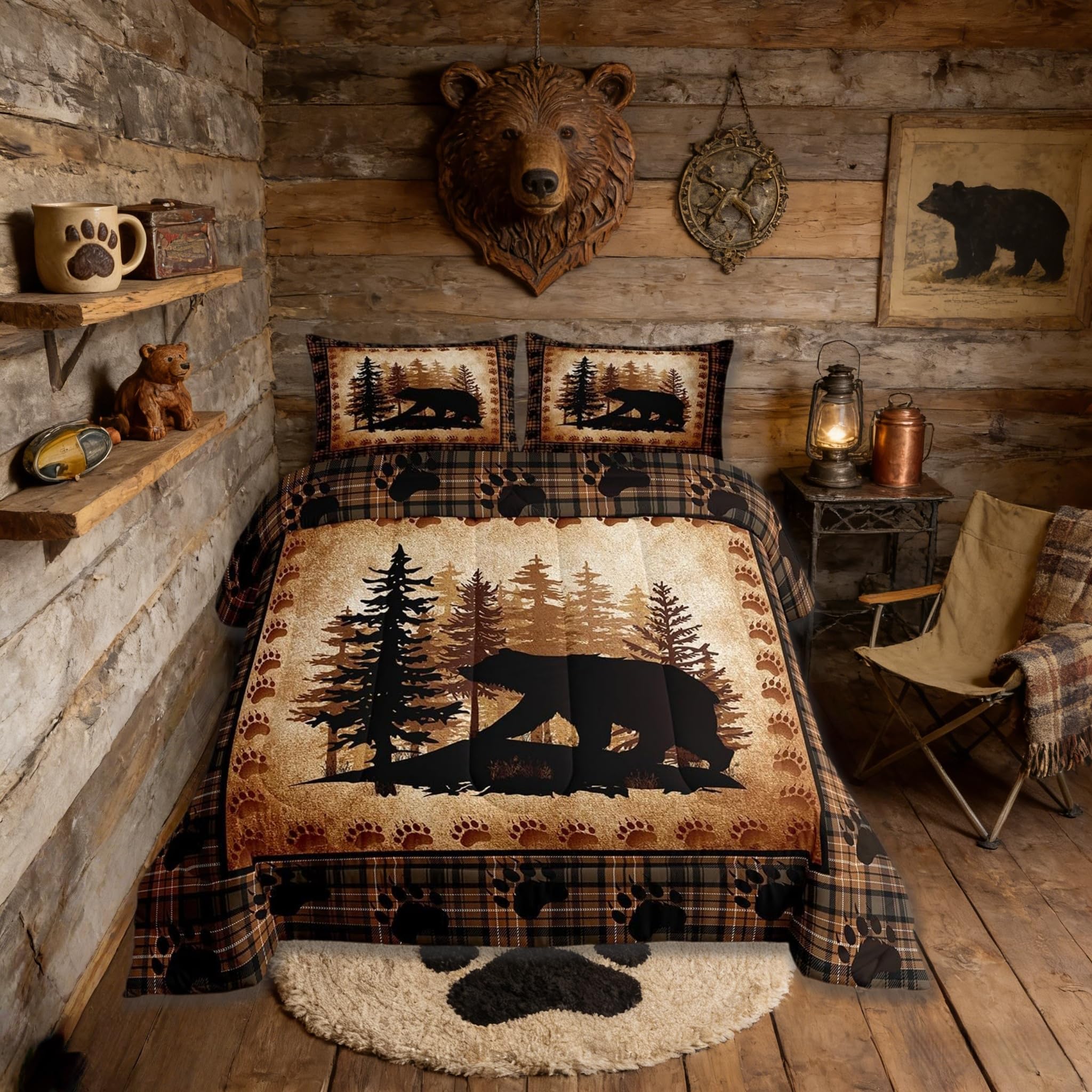 Photo 1 of Castle Fairy Bear Print Comforter Set Twin Size,Wild Animal Hunt Pine Trees Retro Bedding Set for Kids Boys Men,Rustic Grid Plaid Cabin Decor Quilted Duvet Set with 1 Pillowcase