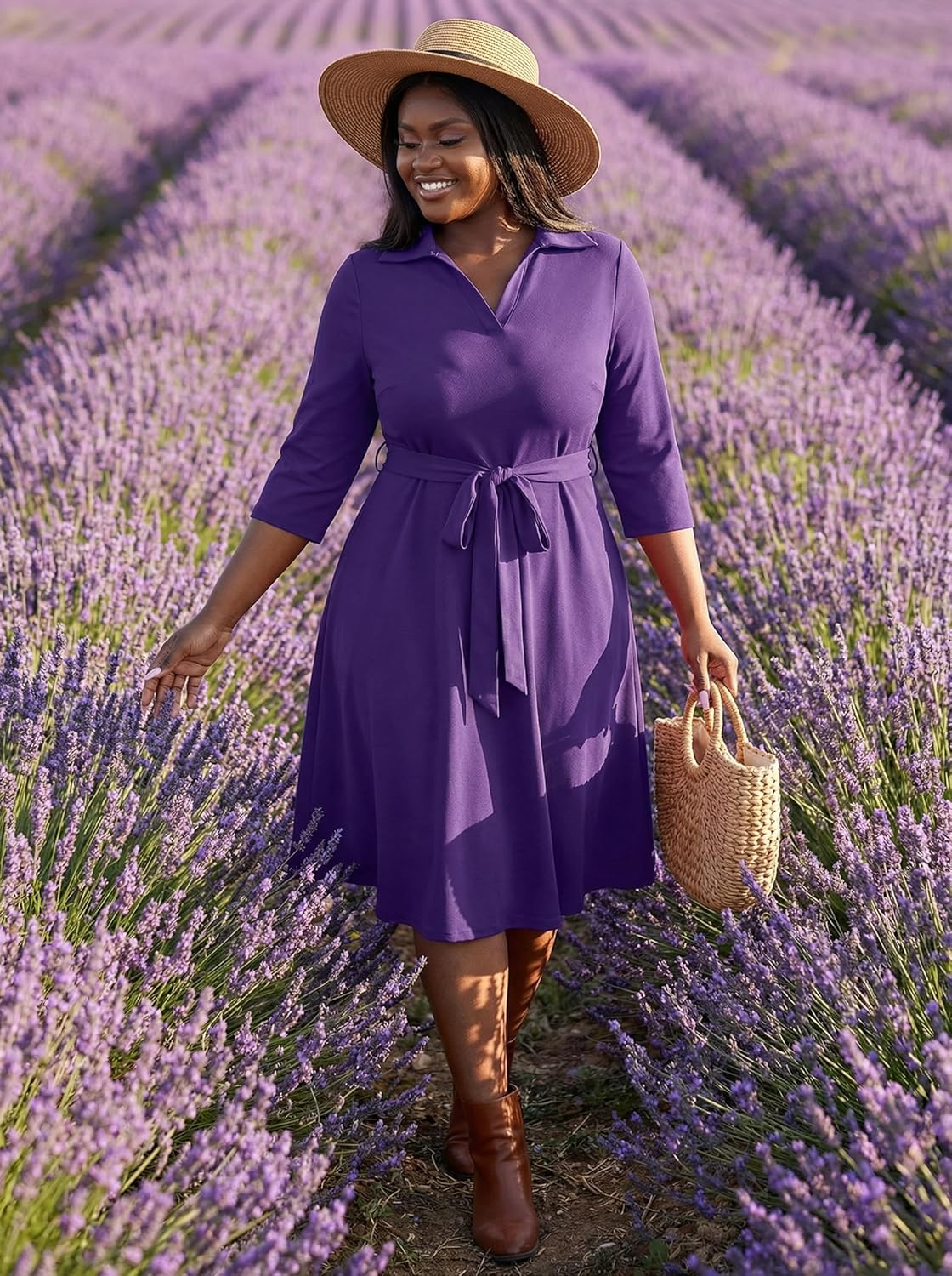 FANDEE Plus Size Midi Dress for Women - Printing Summer Dresses for Wedding Guest Cocktail Party 3/4 Sleeve V Neck(L-5XL) - Image 8