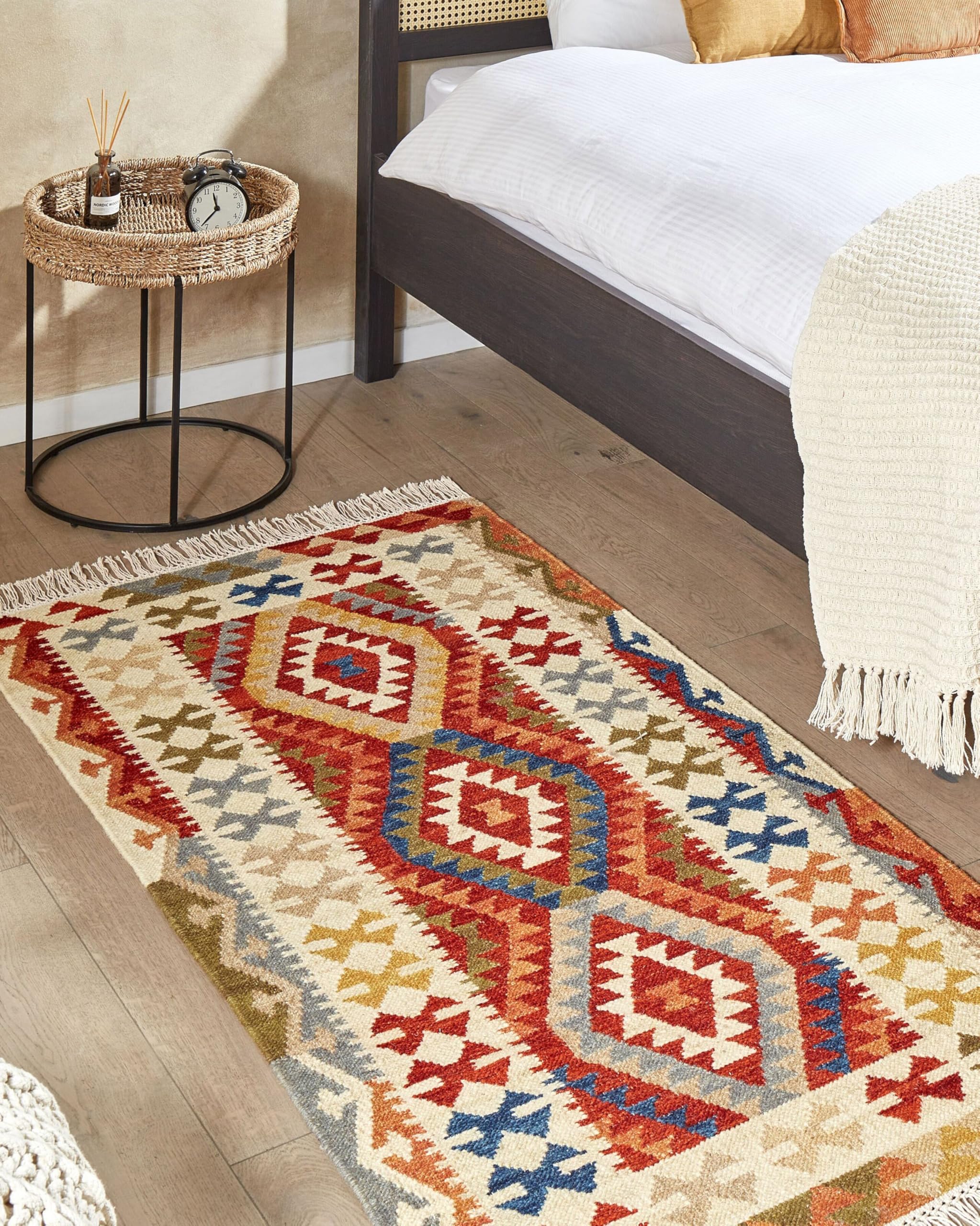Tapis Kilim Laine 160x230 Cm Multicolore Franges Fait Main Beliani