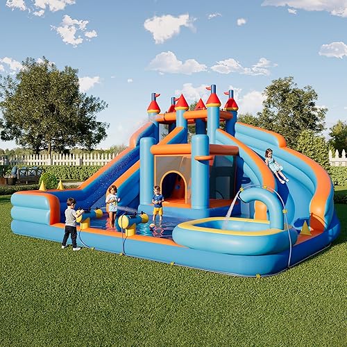 Albott Bounce House, Inflatable Bouncer with Air Blower, Jumping Castle with Slide, Outdoor Indoor Bouncy Castle with Oxford Fabric for Kids 3-10 (179.1×169.3×108.3IN)