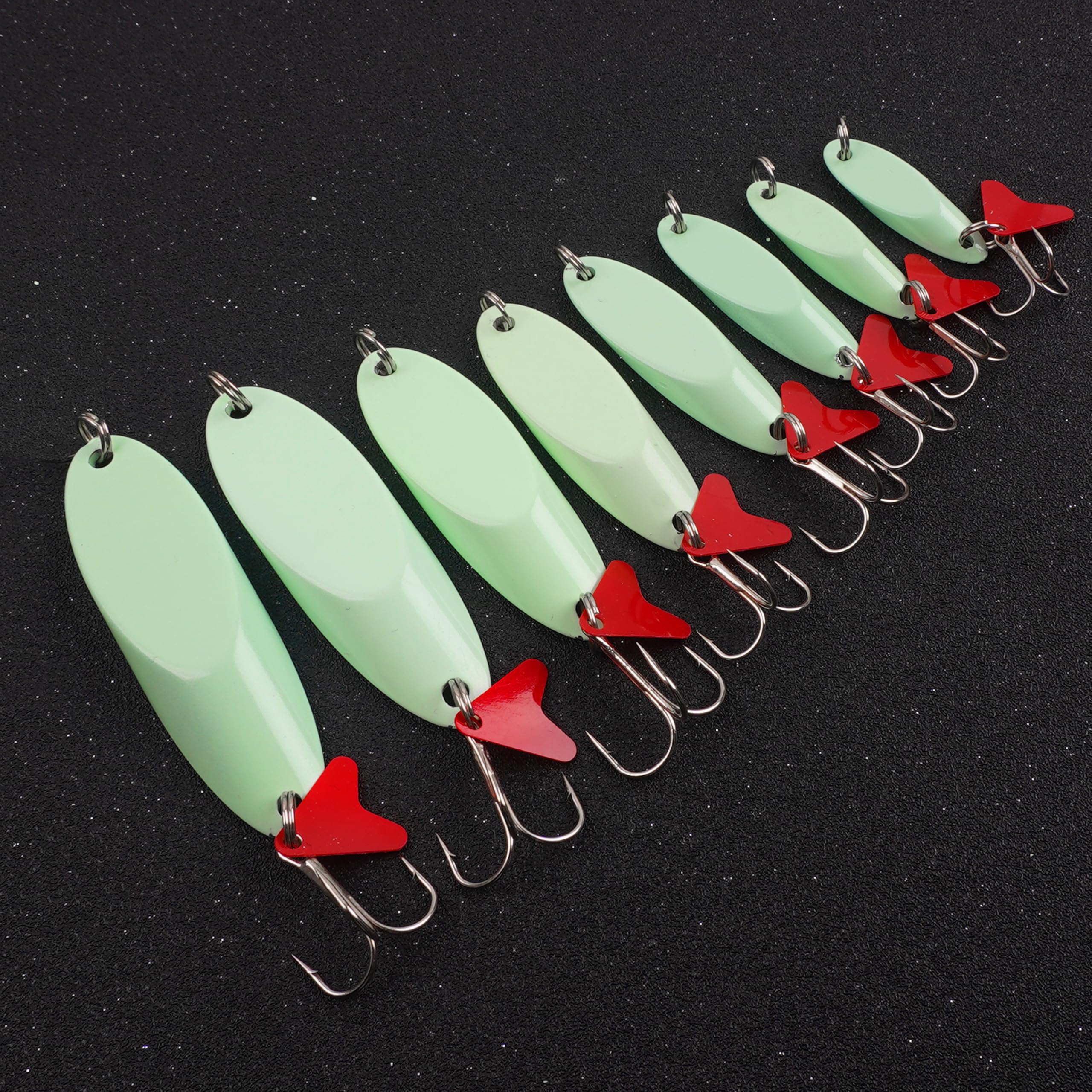 OROOTL Cuillère de pêche en métal lumineux, 10 pièces/8 pièces leurres de pêche en métal avec hameçons triples et pièce en plastique rouge, cuillère en métal dur appâts de pêche, 50g-10pcs