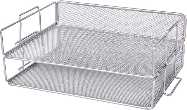EXERZ Letter Trays 2pcs Stackable Paper Sorter/Desk Tray /File Tray/ Desk Organiser - Metal File Rack - Office, School, Home (Silver)