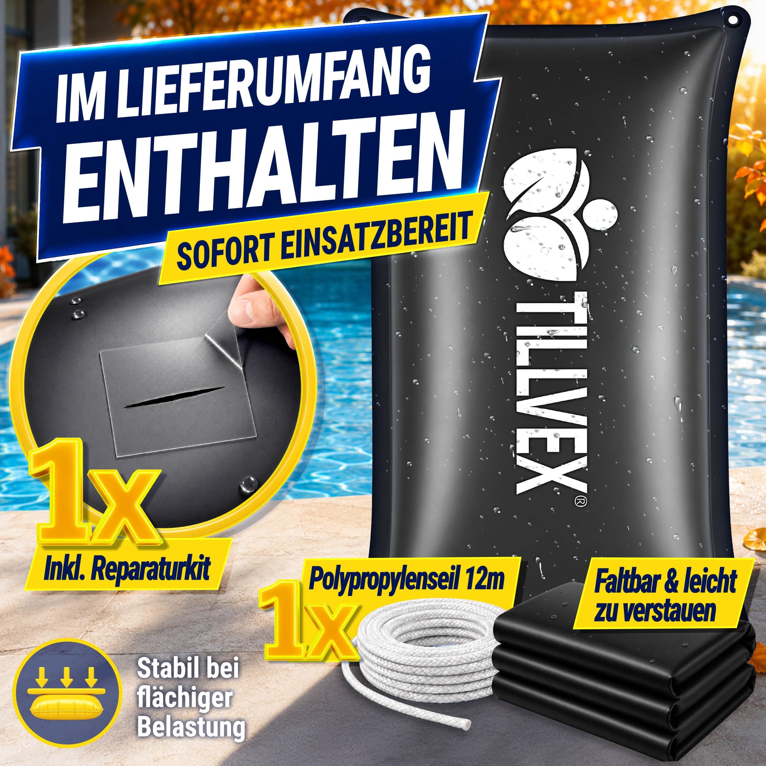 tillvex® Poolkissen Winter XXL 2x4m rechteckig + 12m Seil & Reparaturkit | Luftkissen zur Poolabdeckung frost- & chlorbeständig bis -20°C | Winterkissen inkl. Schraubventil | Kissen Überwinterung Pool