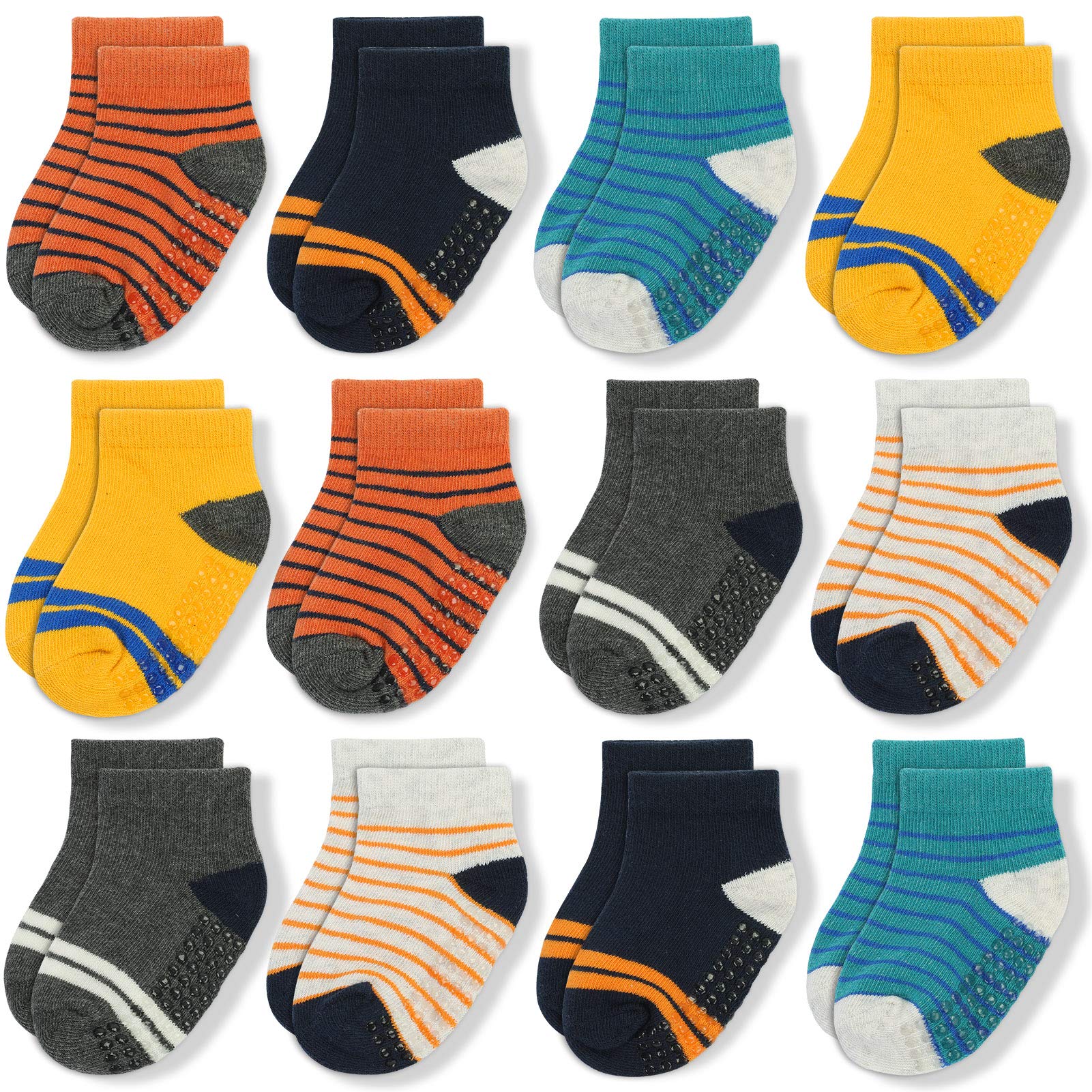 JAKIDAR 12 Pair Baby Toddler Socks Non-Slip Grip Cotton Ankle Socks for Boys Girls Non Skid Soles for Infants Kids