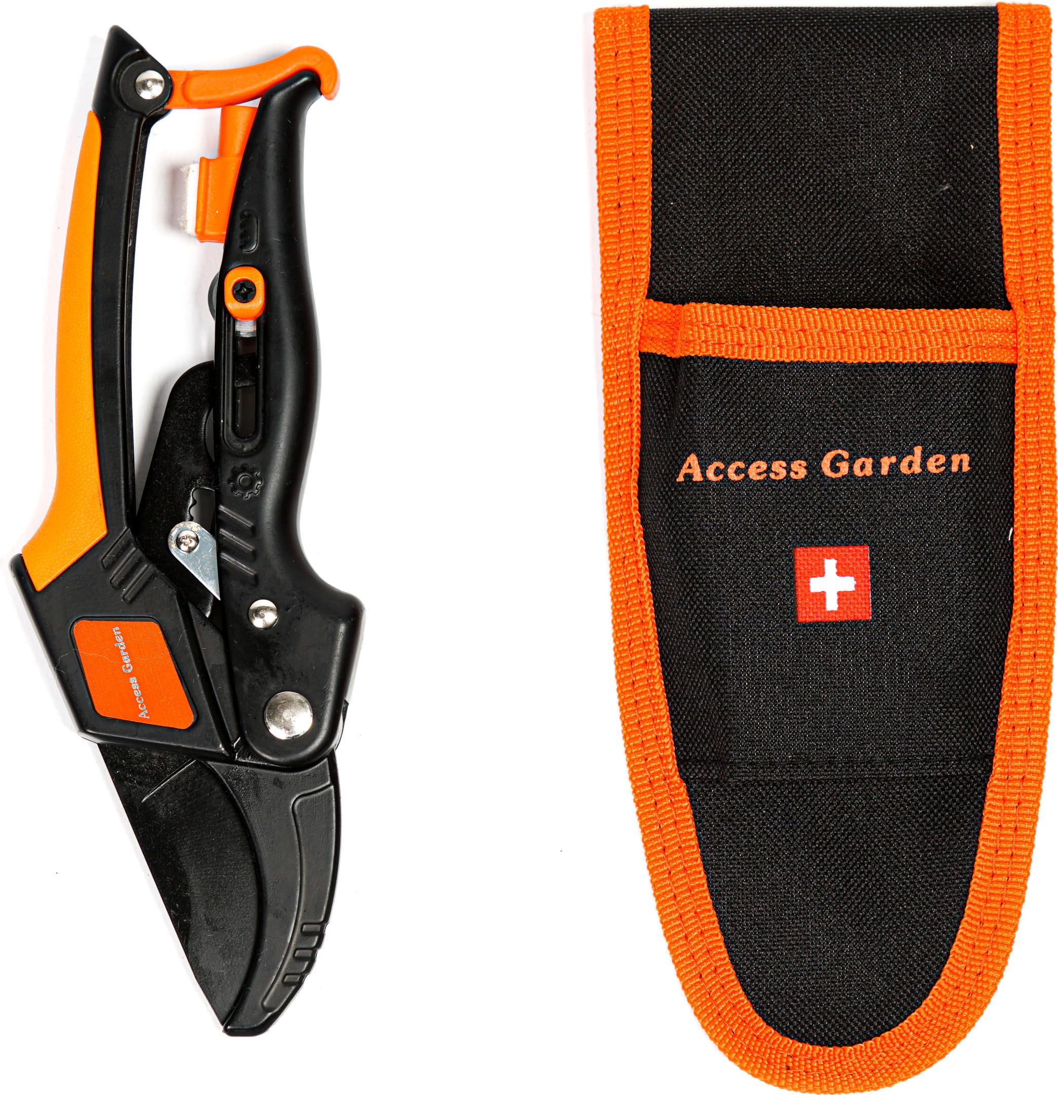 Sécateur Twin - Access Garden Suisse, système à crémaillère démultiplie votre force X5, Aluminium, lame acier téflon