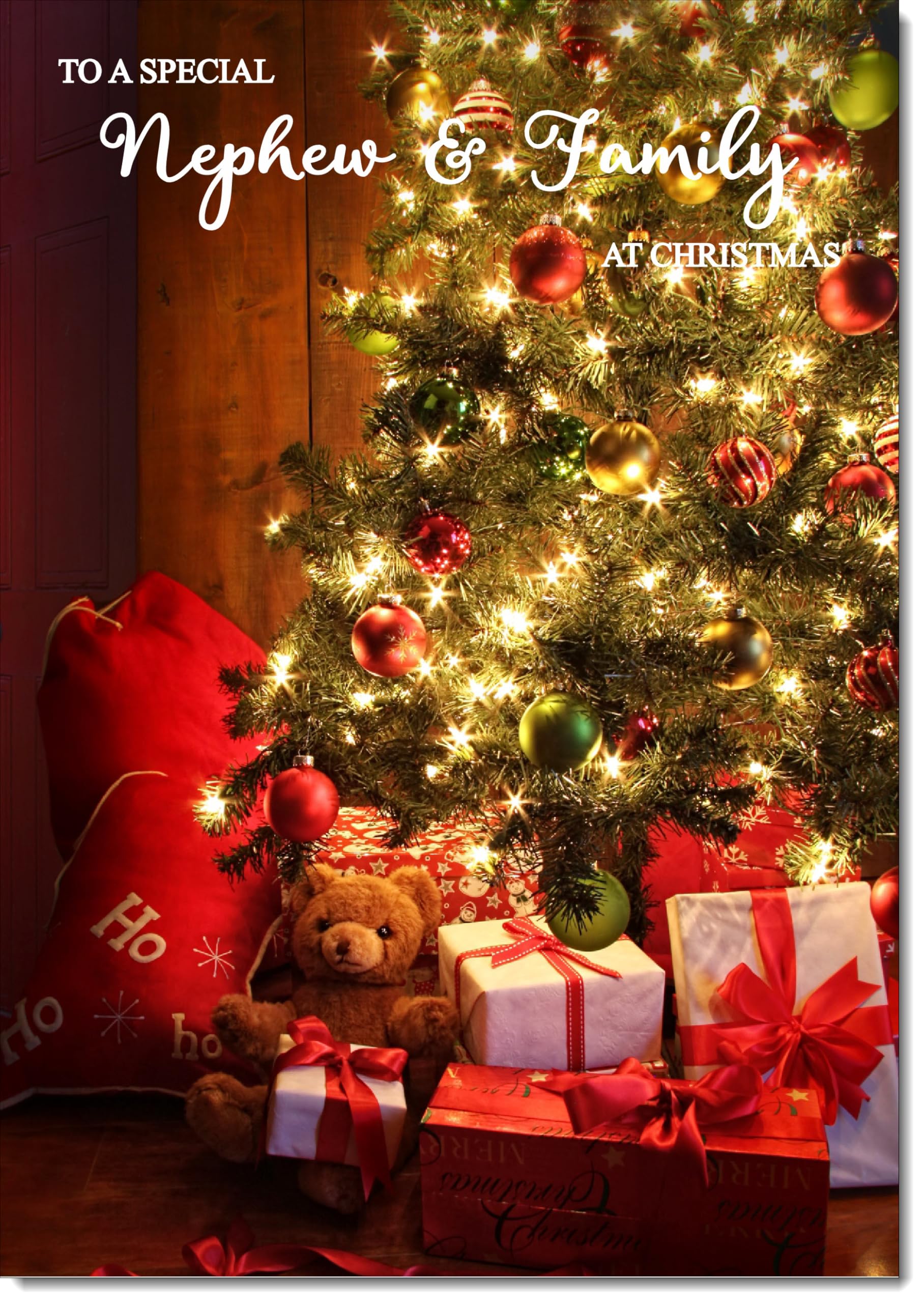 doodlecards Nephew and Family Christmas Card Teddy by Christmas Tree Large A4 Size Christmas Card for Nephew & Family with Plain Envelope — image 1