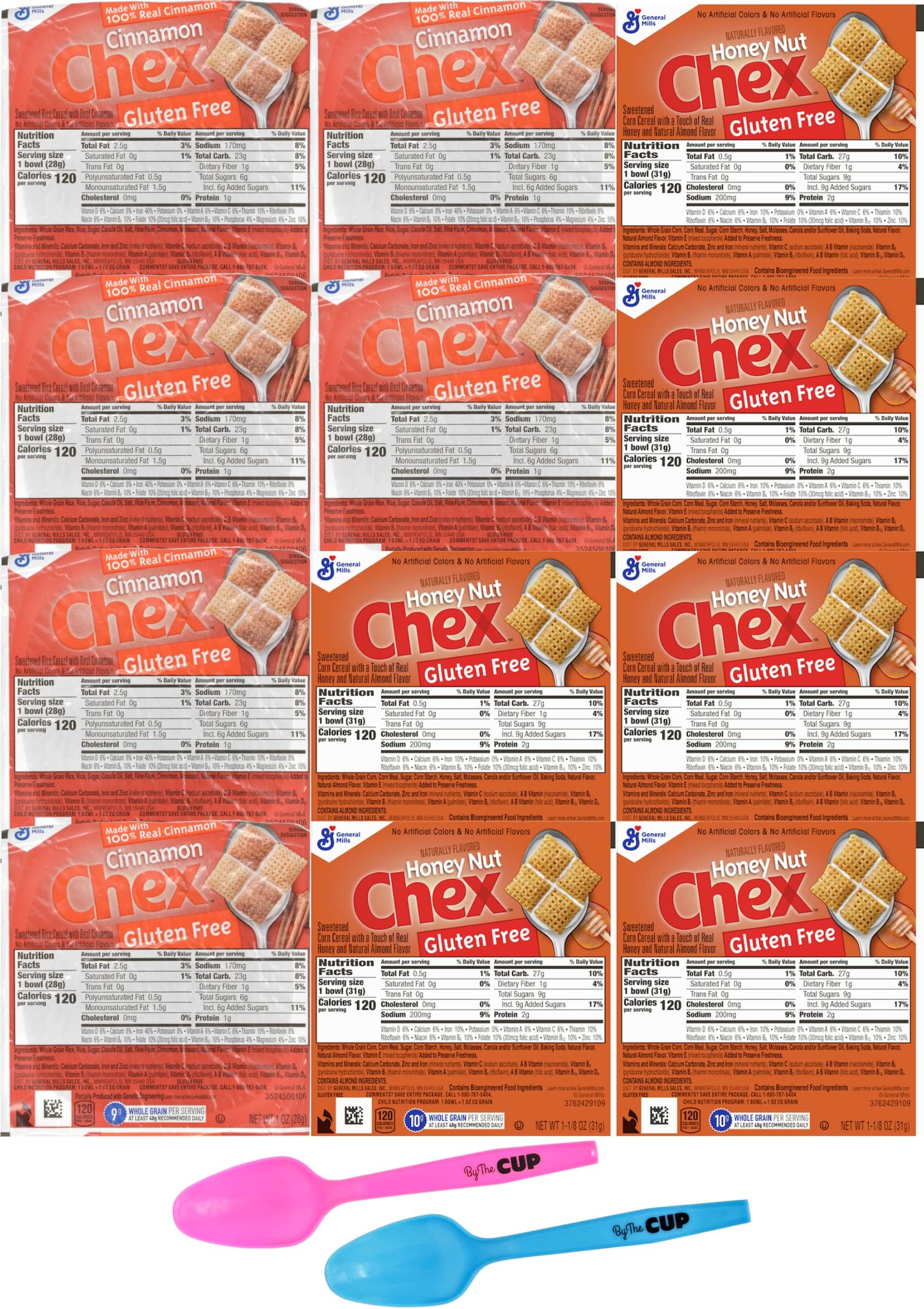 General Mills Gluten-Free Cereal Bowl Variety Pack, Honey Nut Chex and Cinnamon Chex, 6 of each (Pack of 12) with 2 By The Cup Mood Spoons
