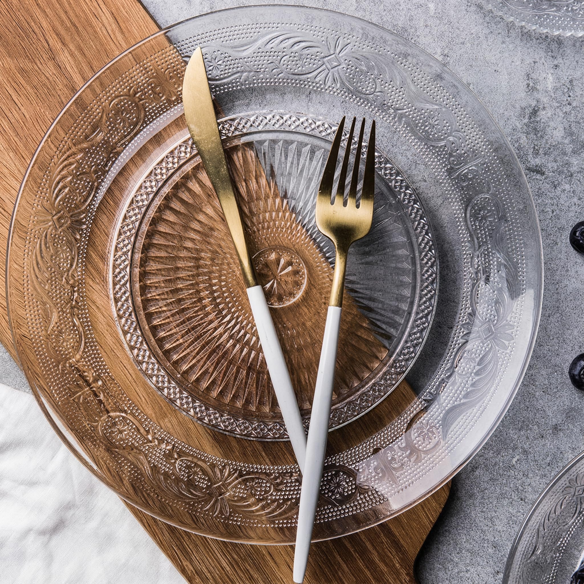 Elsjoy Paquete de 6 platos grandes de cristal de 10 pulgadas, plato redondo transparente para servir, vajilla vintage en relieve para ensalada, pasta, frutas