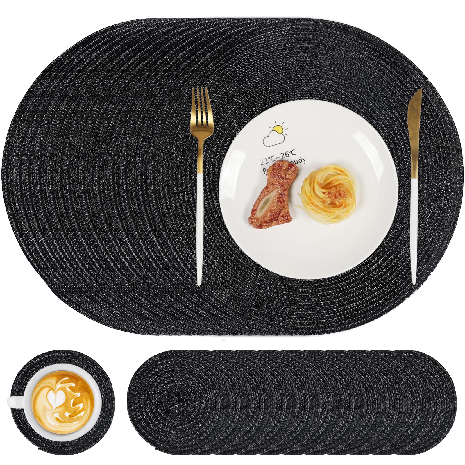 Famibay Round Placemats and Coaster Sets 12 Heat Resistant Place Mats for Table Washbale Woven Table Placemats and Coasters Sets Black for Kitchen Dining Restaurant