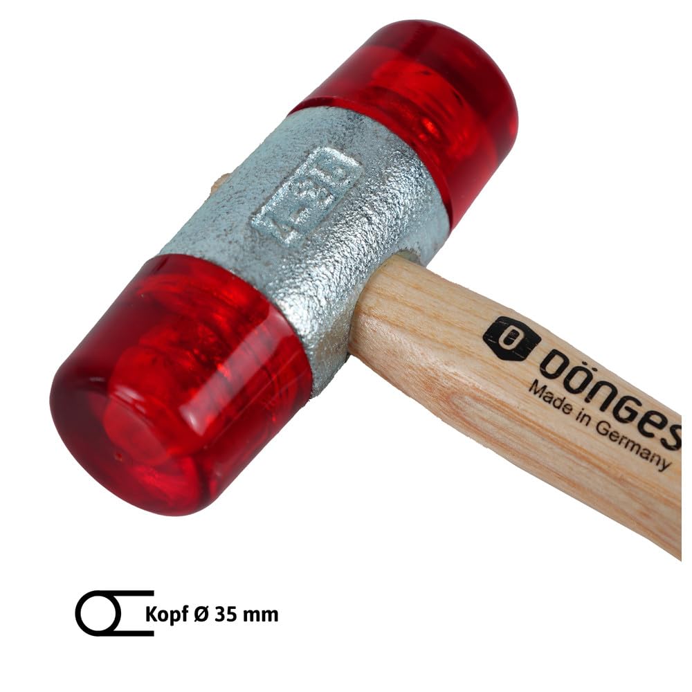 Dönges Martello senza contraccolpo con manico in frassino laccato, Ø 35 mm, peso 433 g, teste sostituibili in rosso, prodotto in Germania, martello di plastica, martello di gomma