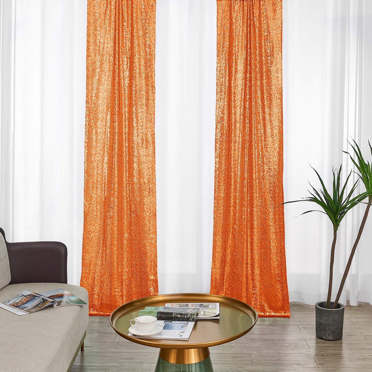 Super Cheap 🛒 2×8FT-2PCS Orange Sequin Backdrop Curtains Panels, Photography Backdrop Glitter Curtains Fabric Background for Christmas Wedding Party Decor